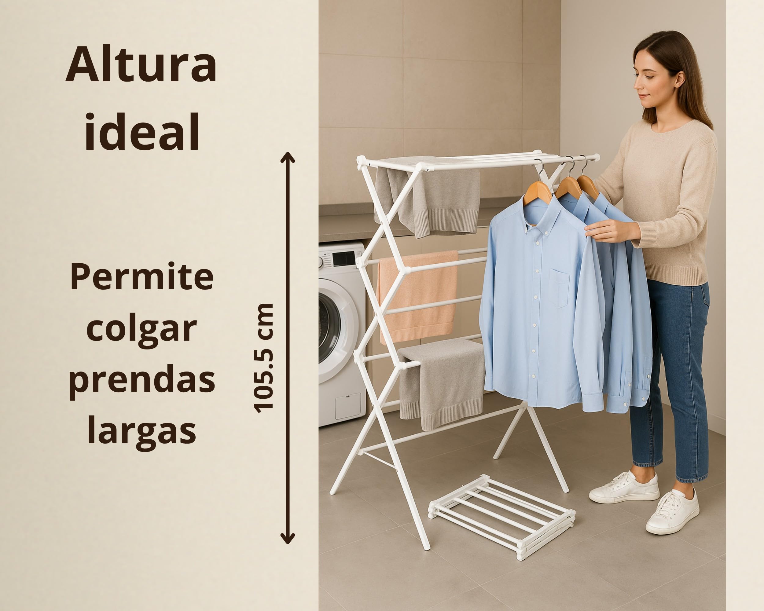 Tendedero Metálico Extensible y Plegable para Ropa | 58–102 x 41,5 x 105,5 cm | 2 Brazos para Perchas | Secar Camisas, Toallas y Prendas Largas | Compacto y Robusto | Blanco