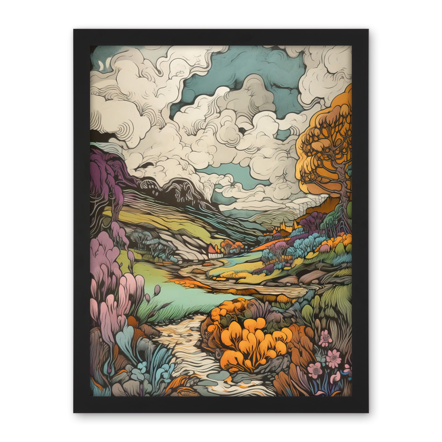 Artery8 Meadow River Multicoloured Landscape Illustration Artwork Framed Wall Art Print 18X24 Inch