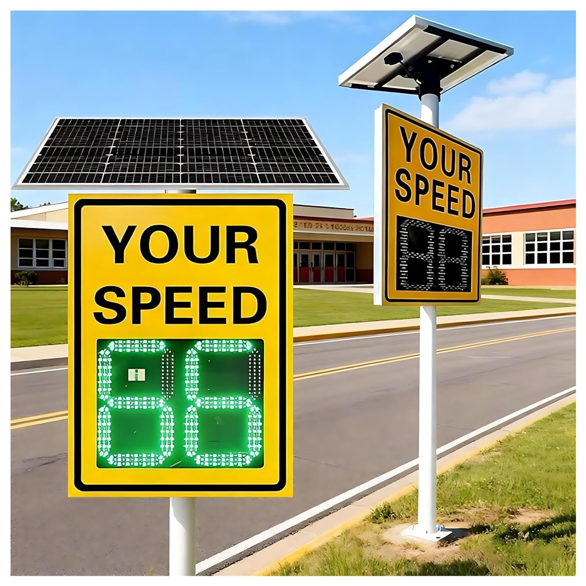 Detector de velocidad digital, de aluminio inoxidable, alimentado por energía solar, con señal de radar y control remoto, 24x35 pulgadas, para calles y zonas residenciales.
