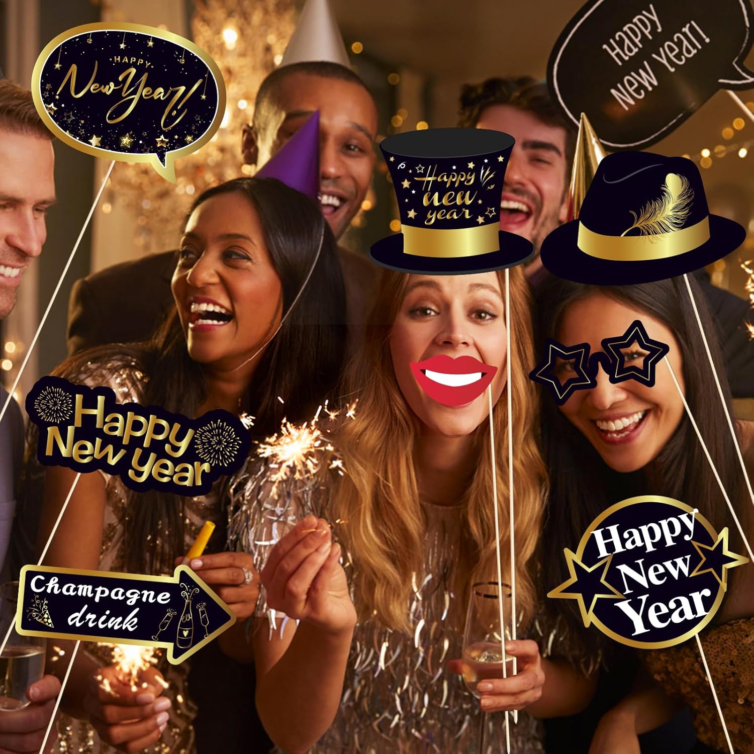 25Pcs New Years Eve Photo Booth Props | 2026 New Years Photo Booth Props with Stick NYE Theme Selfie Props | Gold Glitter New Years Eve Party Supplies - Image 5