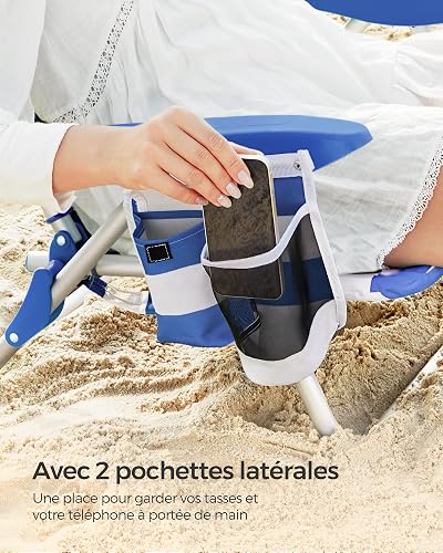 SONGMICS Chaise de Plage, Chaise Camping Pliante, avec Bandoulière, Dossier Réglable, Appui-tête, Accoudoir, 2 Pochettes Latérales, Bleu et Blanc GCB62BU - 8