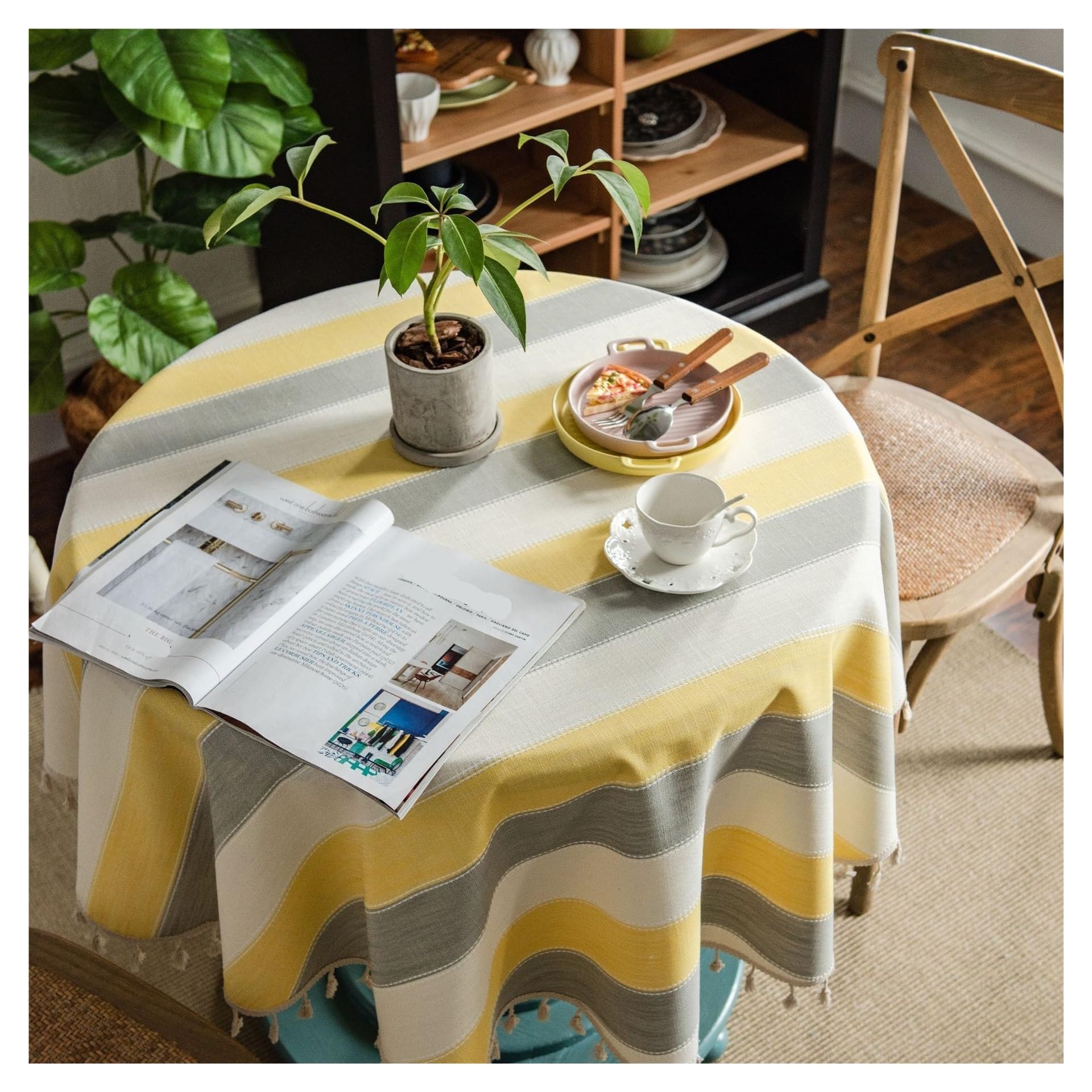 DYYEUAVT Striped Tassel Round Coffee Tablecloth