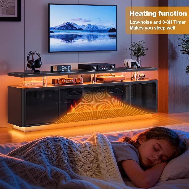 70" Fireplace TV Stand with Double LED Lights for TVs UP to 80", Electric Fireplace Entertainment Center with Storage Cabinets, TV Console for Living Room, Black image 6
