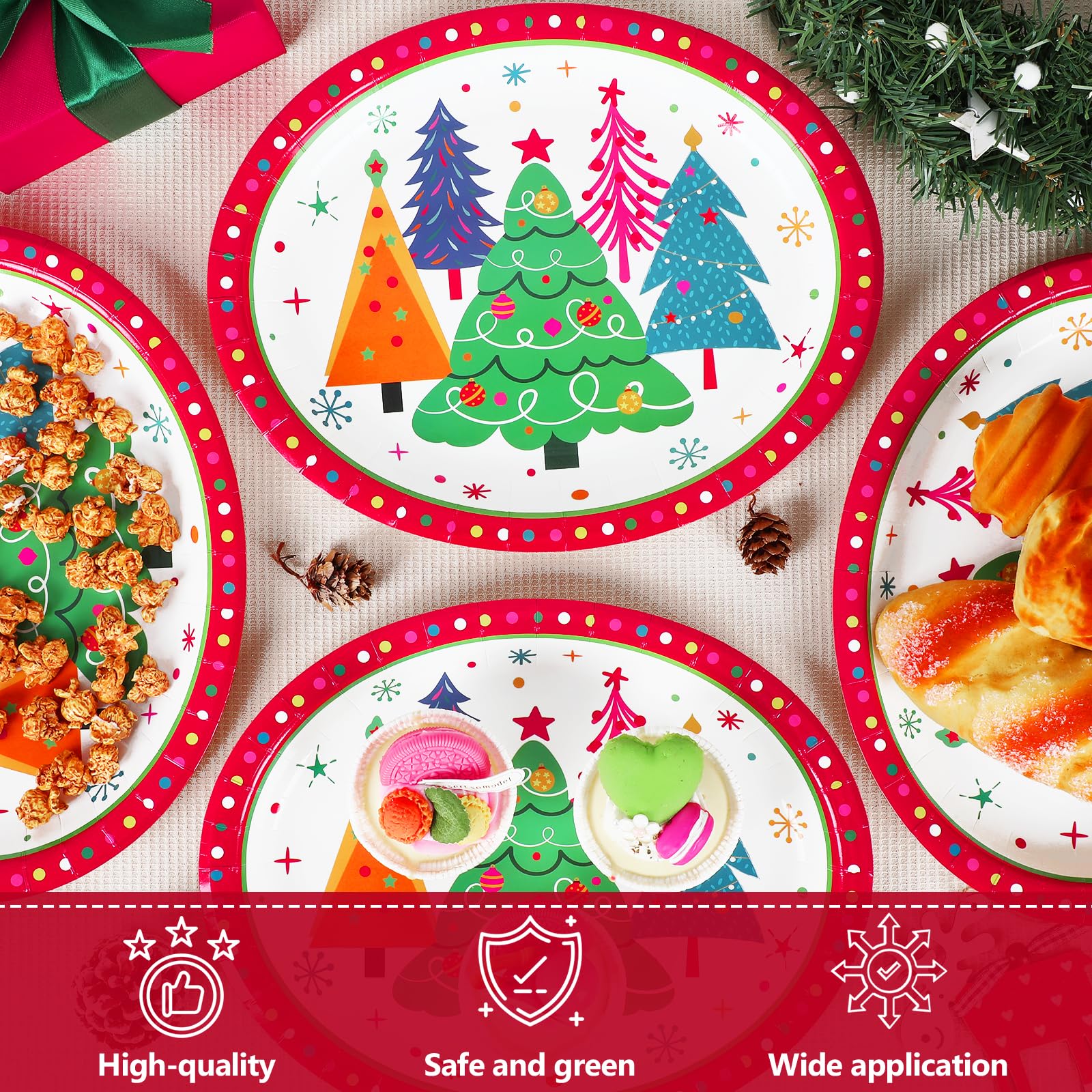 50 platos de papel ovalados coloridos para árbol de Navidad, grandes, desechables, 11icnh, con borde rojo, bandeja de platos resistente para Navidad, vacaciones, cena, fiesta de cumpleaños,