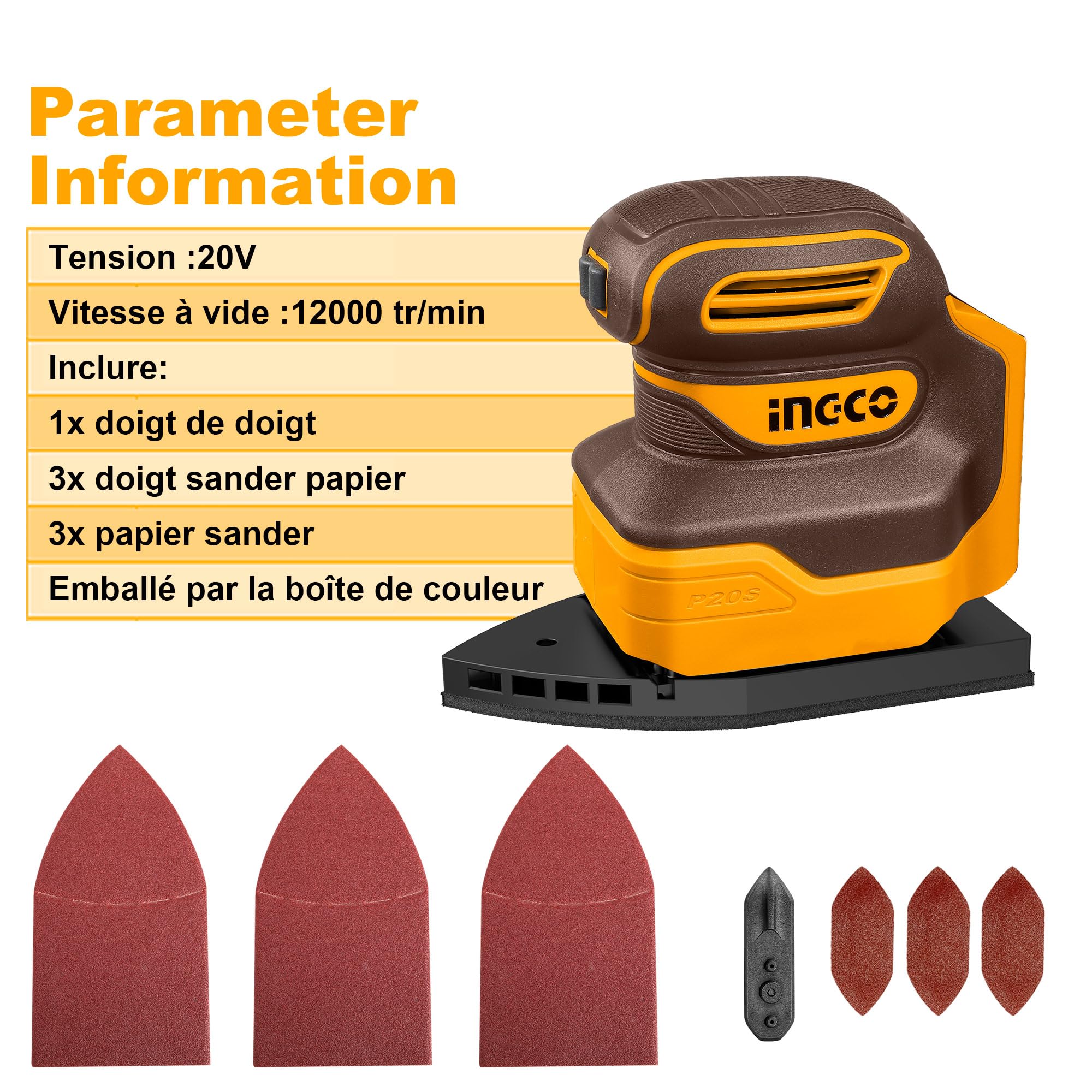 INGCO Ponceuses de Détail Mouse sans Fil (Produit Seul) 20V, Électrique Parfaite 12000 tr/min CPSLI2014
