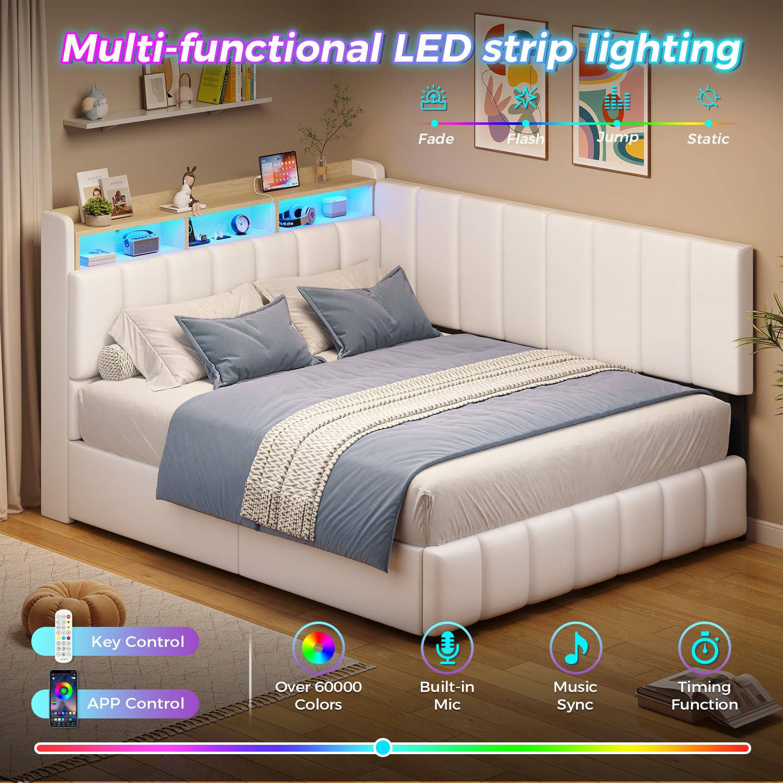 Cama tapizada con iluminación LED, cama juvenil de 140 x 190 cm, cama con somier y estación de carga, cabecero con espacio de almacenamiento oculto, Amplio espacio de almacenamiento,color blanco PU