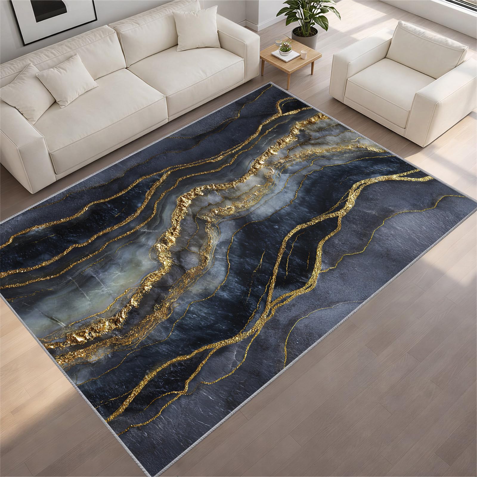 BEQUTIY Modern Marble Living Room Rug Large Navy Blue Gold Gilded Abstract Carpet 210 x 300 cm Luxury Soft Short Pile Non-Slip Area Rug for Bedroom, Dining Room & Home Office