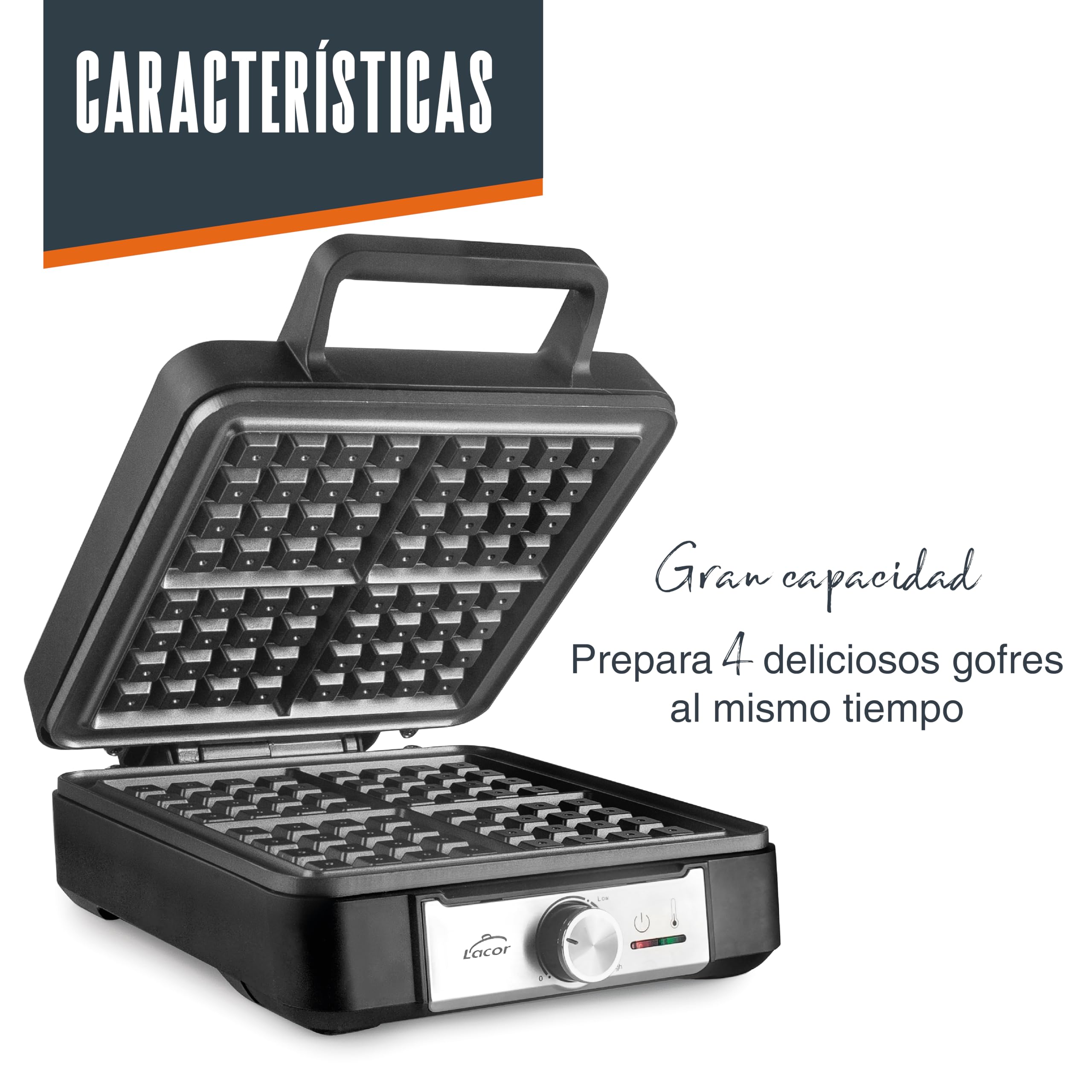 Lacor 69434 - Gofrera Eléctrica para 4 Gofres Gante, 25 x 32 x 12 cm | Para un uso práctico y profesional en cocina; antiadherente fácil de limpiar, libre de BPA, práctico y fácil de guardar