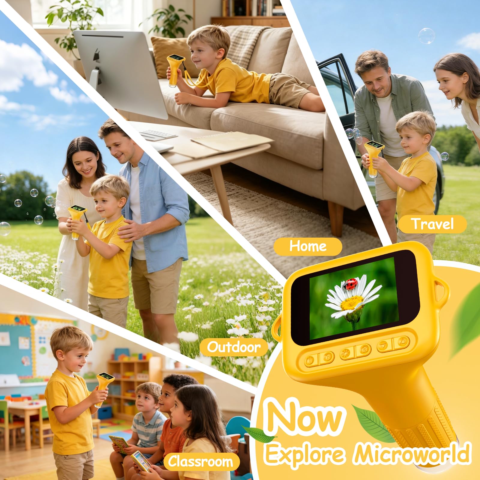 Microscope Enfant Portable 1000X – Microscope Numérique avec Écran IPS 2 Pouces et 8 LED, Fonction Photo & Vidéo, Cadeau d’Anniversaire Scientifique pour Garçons et Filles (Jaune)