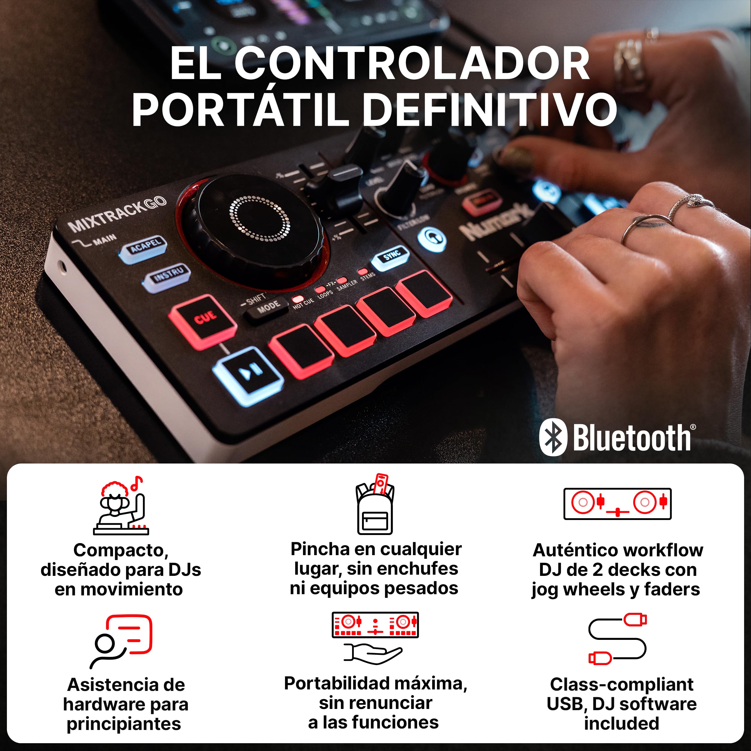 Numark Mixtrack Go Controlador DJ Bluetooth Compacto con Stems Control | Mixer DJ de 2 decks, principiantes y DJs móviles, Smart Fader, USB-C, Serato DJ Lite & Algoriddim djay, Gen 4