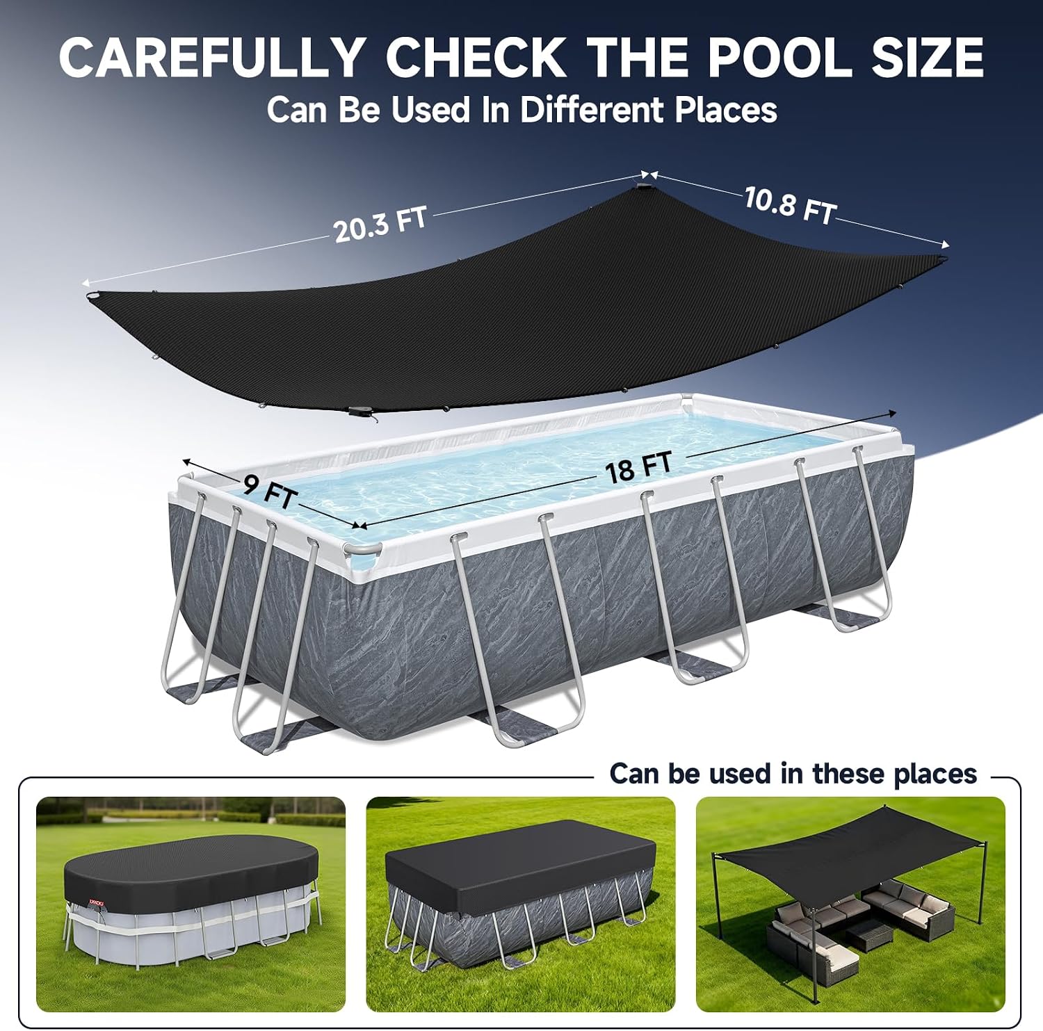 lxkckj rectangular pool cover for above ground pools, heavy duty winter cover ideal for waterproof and dustproof (9x18 ft, black) 18' x 9' (rectangular) oval and rectangular pool cover black
