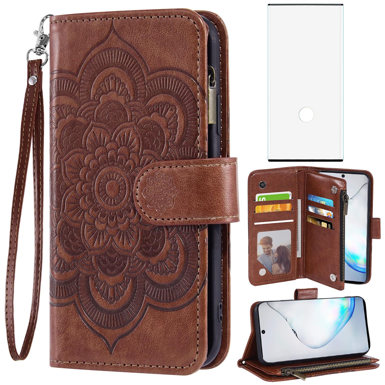 Asuwish Phone Case for Samsung Galaxy Note 10 5G Wallet Cover with Tempered Glass Screen Protector and Flower Leather Flip Card Holder TPU Cell