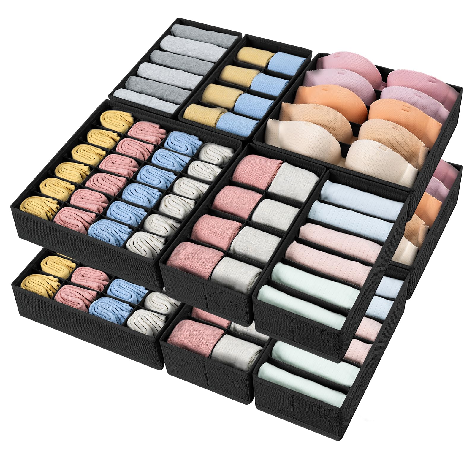 DIMJ12 Pack Drawer Organizer for Clothes, Sock Bra Underwear Organizer, Foldable Fabric Drawer Organizer Bins, 114 Cells Dresser Drawer Dividers for Clothing Scarves Belt Tie, Black