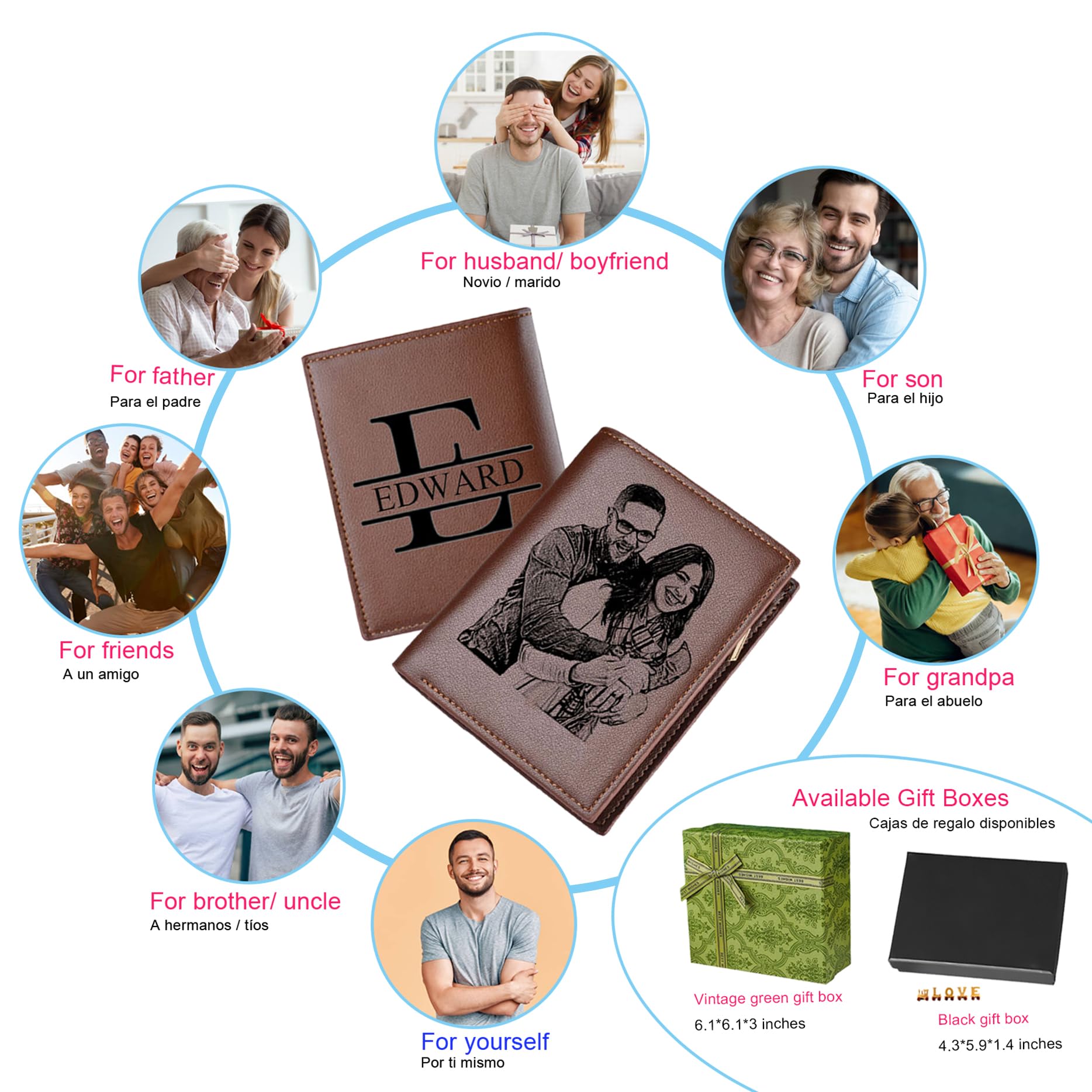 Mileevon Portafogli personalizzati per uomo Foto personalizzata e iniziale e nome Portafogli da uomo Portafoglio personalizzato inciso per uomo Regali per ogni occasione, Marrone rossiccio., 11.5cm x