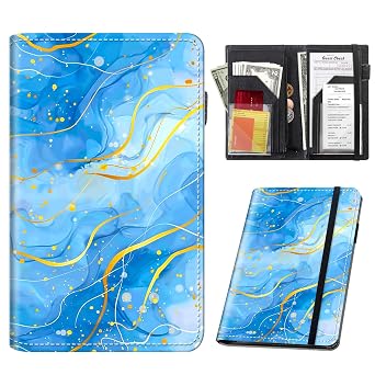 Stylish Server Books for Waitress - Premium Leather Waiter Book, Light Blue Gold Marble Practical Waitstaff Organizer with Card Slots, Perfectly Fit Server Apron