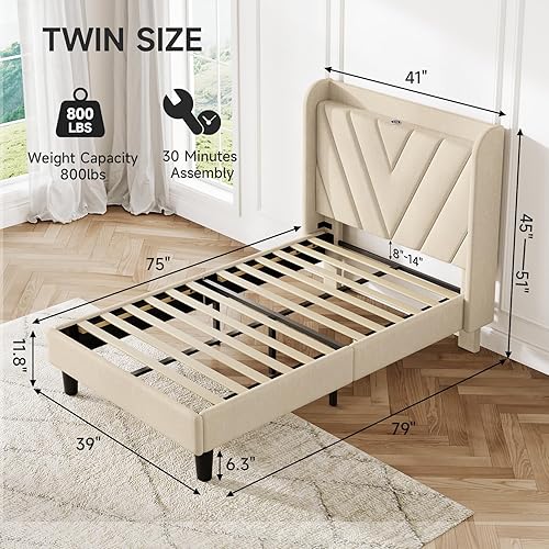 Miniatura 2 de Base de cama tamaño matrimonial, marco de cama tapizado ajustable con puertos tipo C y USB, cabecera de almacenamiento con respaldo de ala, soporte