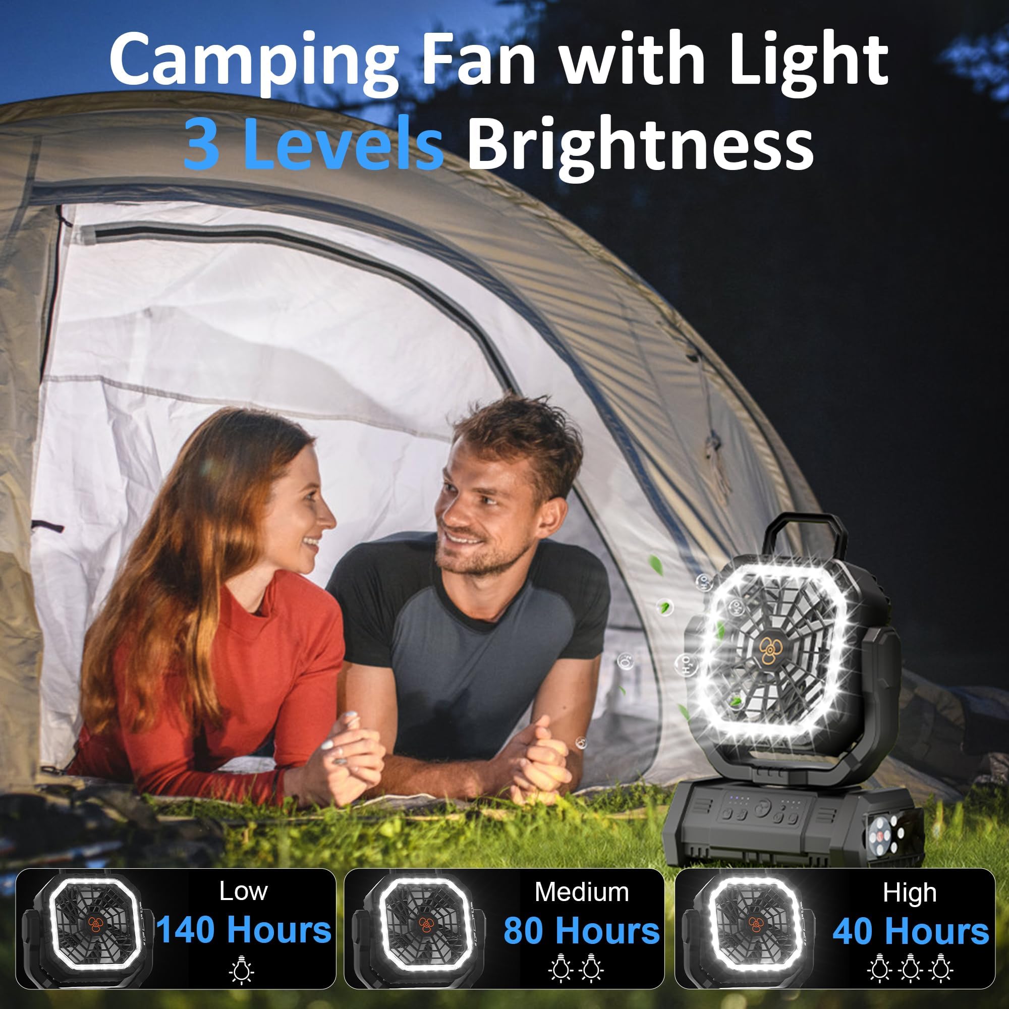 Ventilatore portatile ricaricabile, 20000 mAh, senza fili, alimentato a batteria, con luce LED e telecomando, 4 velocità di vento, timer, USB C, gancio per appendere a 360°, ventole oscillanti per