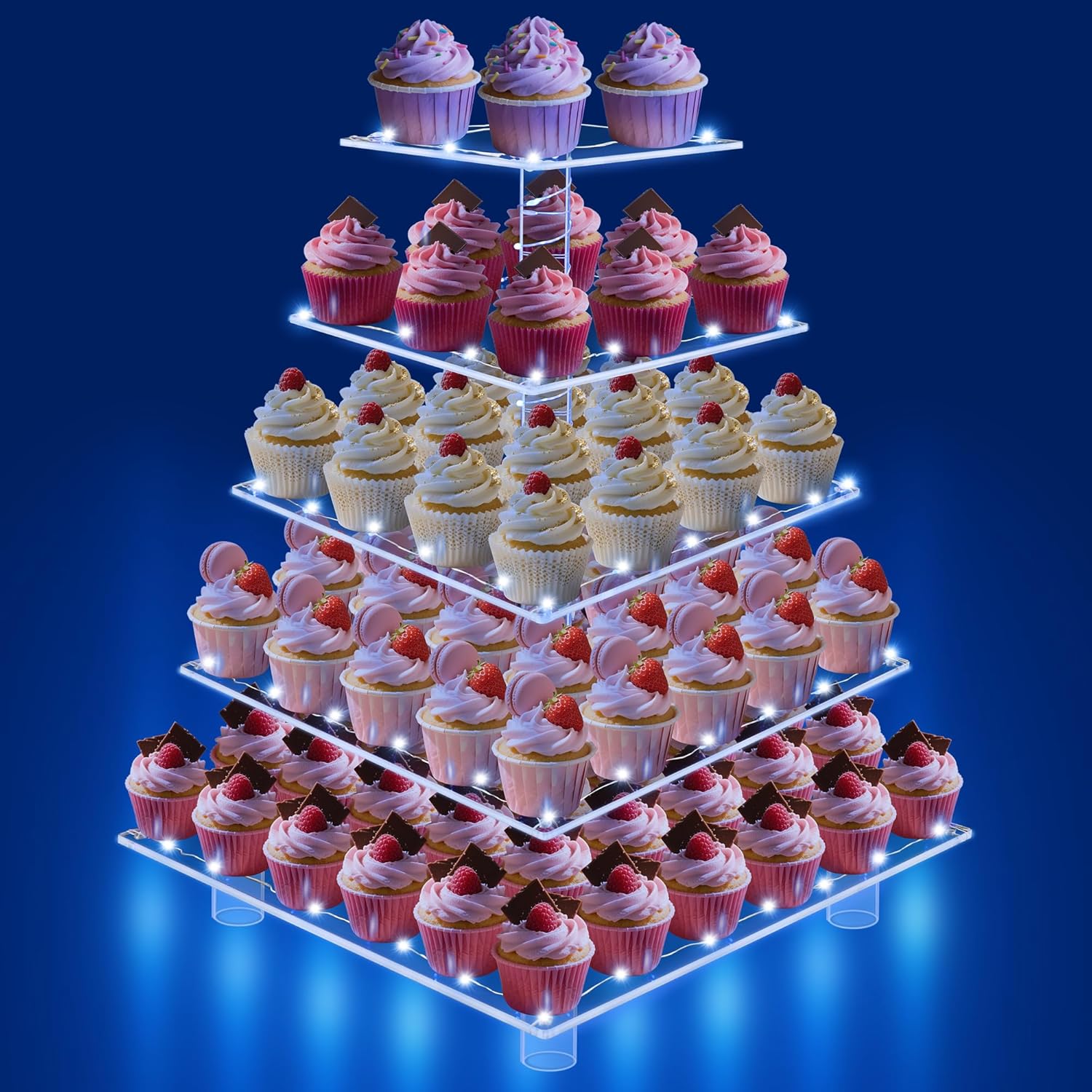 5 Tier Cupcake Stand with Blue Lights, Square Cupcake Tier Stand for 50 Cupcakes, Acrylic Cupcake Tower for Dessert Table, Lighted Cupcake Holder Stand for Party
