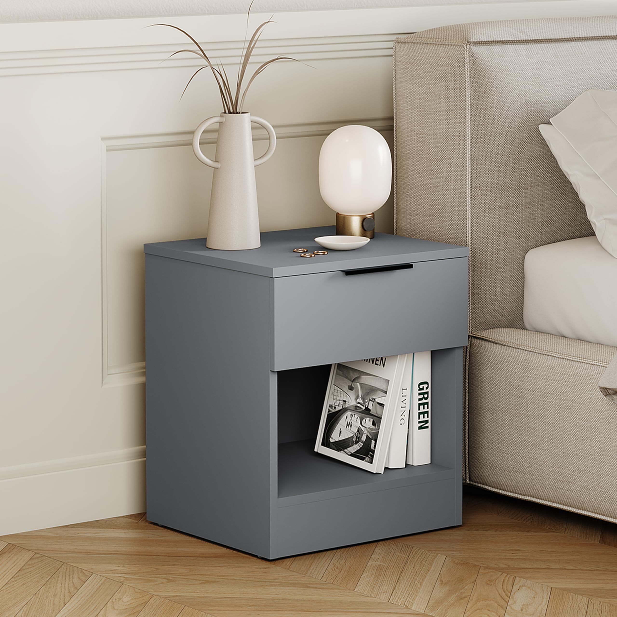 Vida Designs Trega 1 Drawer Bedside Cabinet Grey - Compact Space-Saving Nightstand - 41H x 39W x 28D cm - Engineered Wood - Smooth Glide Drawer, Modern Black Handle - Ideal for Bedroom & Guest Room — image 1