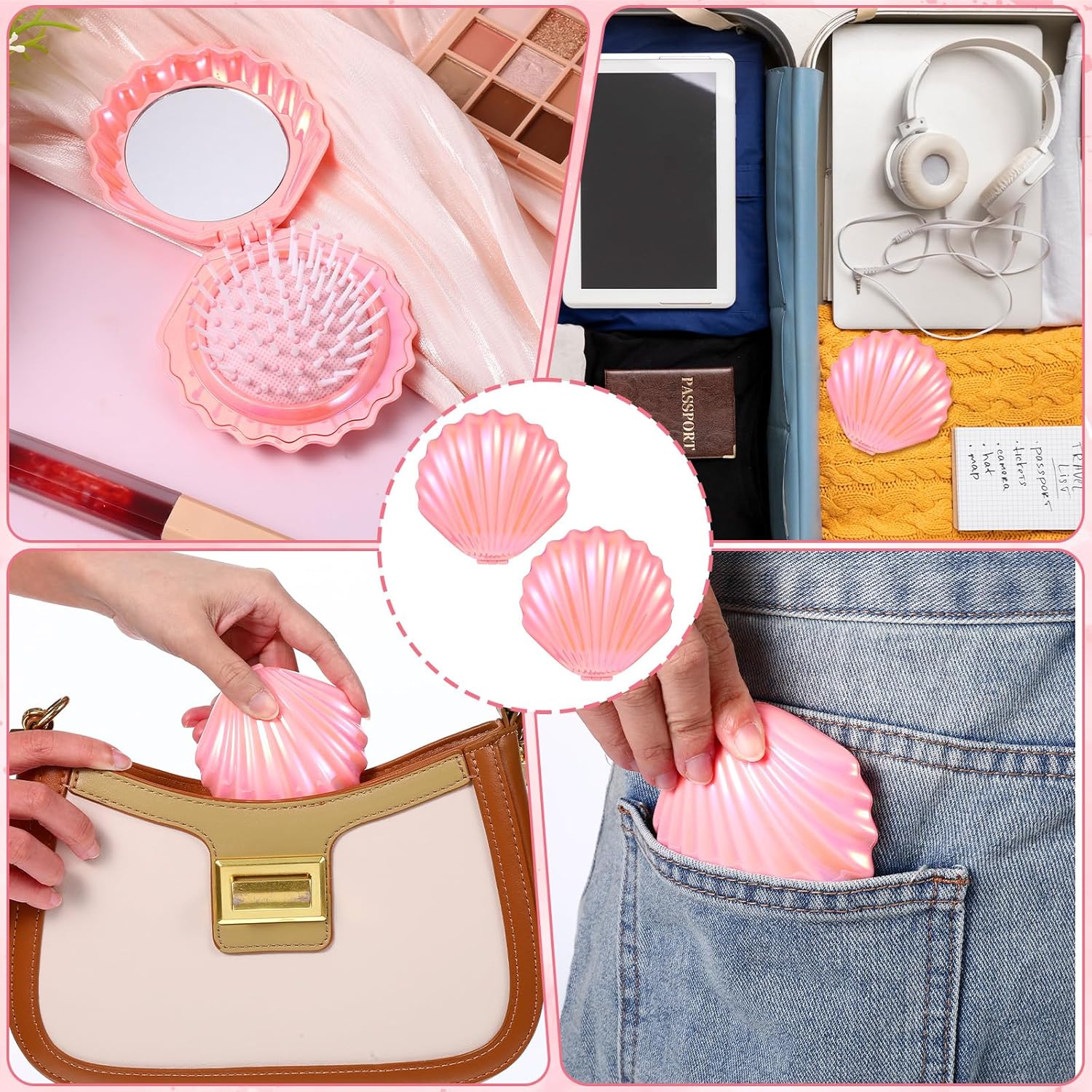 シェルヘアブラシ、ミラー付き折りたたみ式トラベルヘアブラシ、ポータブル折りたたみポケットブラシ、メタリックシャイニングコンパクトサイ