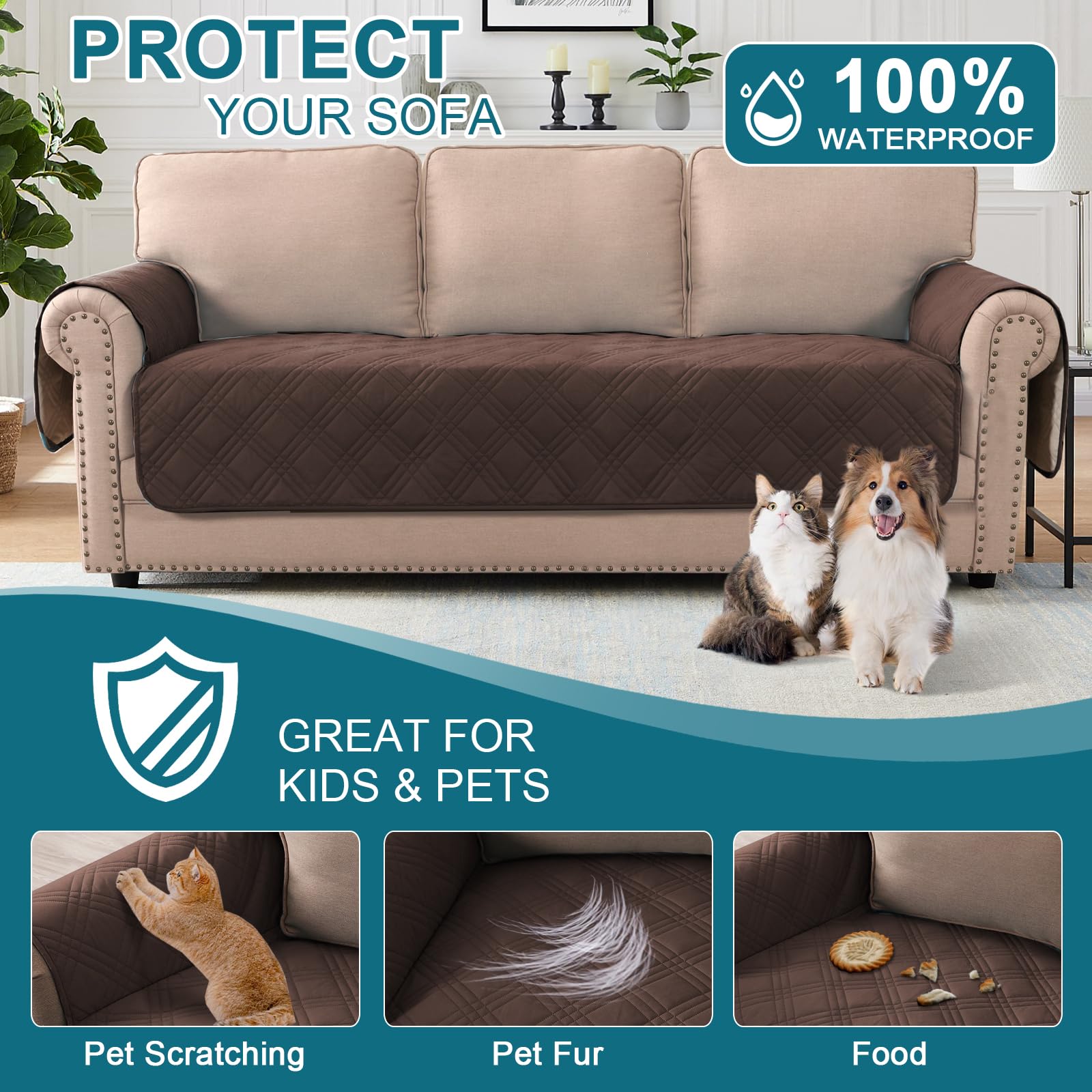 BellaHills 100% Waterproof 3 Seater Sofa Cover Slipcovers Couch Cover for Living Room Washable Seat Covers with Side Pocket Pet Couch Protector (Brown) - Image 3