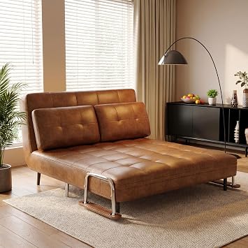 Leather Sofa Bed, Convertible Folding Double Sleeper Couch, Brown, 150cm