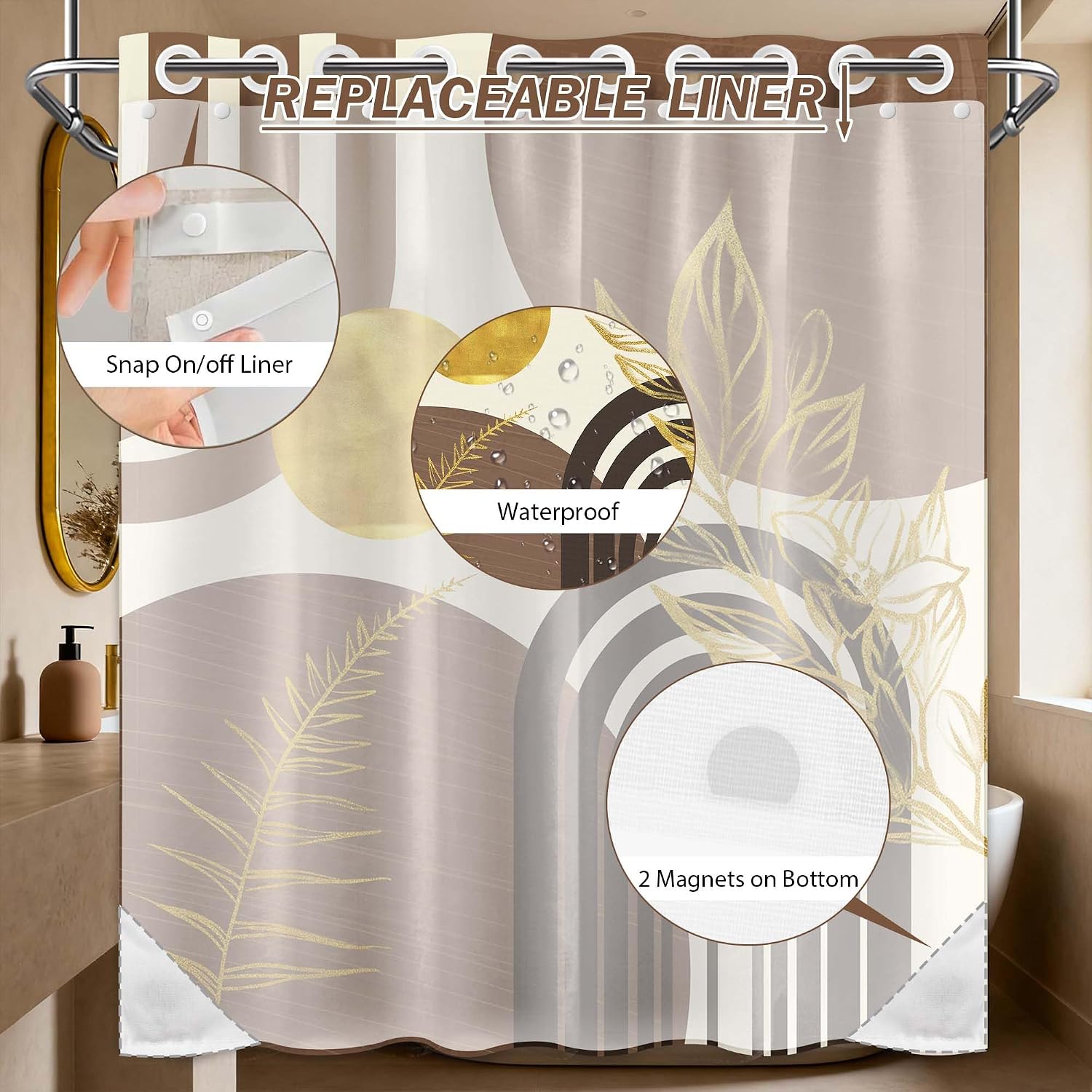 Brown Hookless Shower Curtain with Snap in Liner Set, 71x74 in, 2 in 1 image 5
