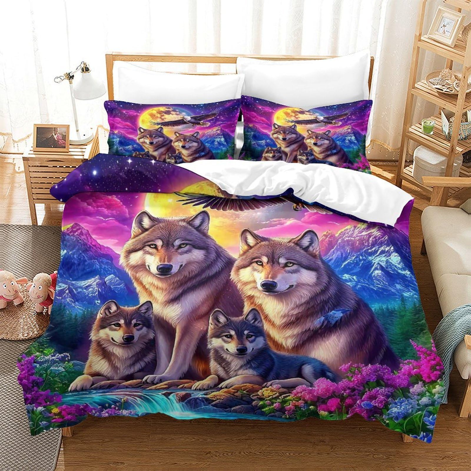 Housse de couette loup en 3D King 220x240 cm avec ses taies d'oreiller