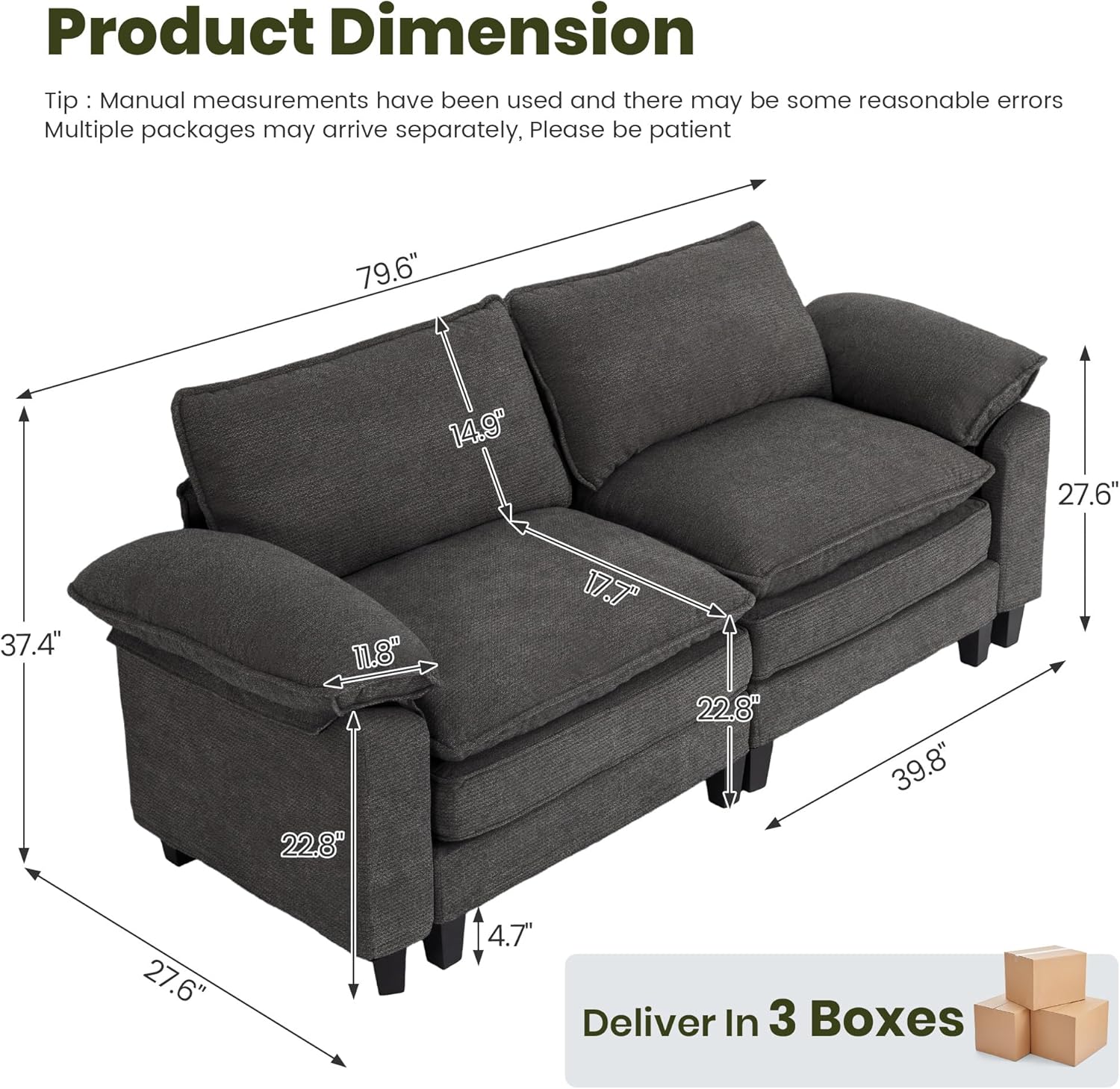 79.6" Modular Sectional Sofa, Chenille Cloud Couch for Living Room, Fully Washable Covers, Double-Layer Deep Seat Cushions, 5'' Legs for Robot Vacuum, Modern Sofa Set