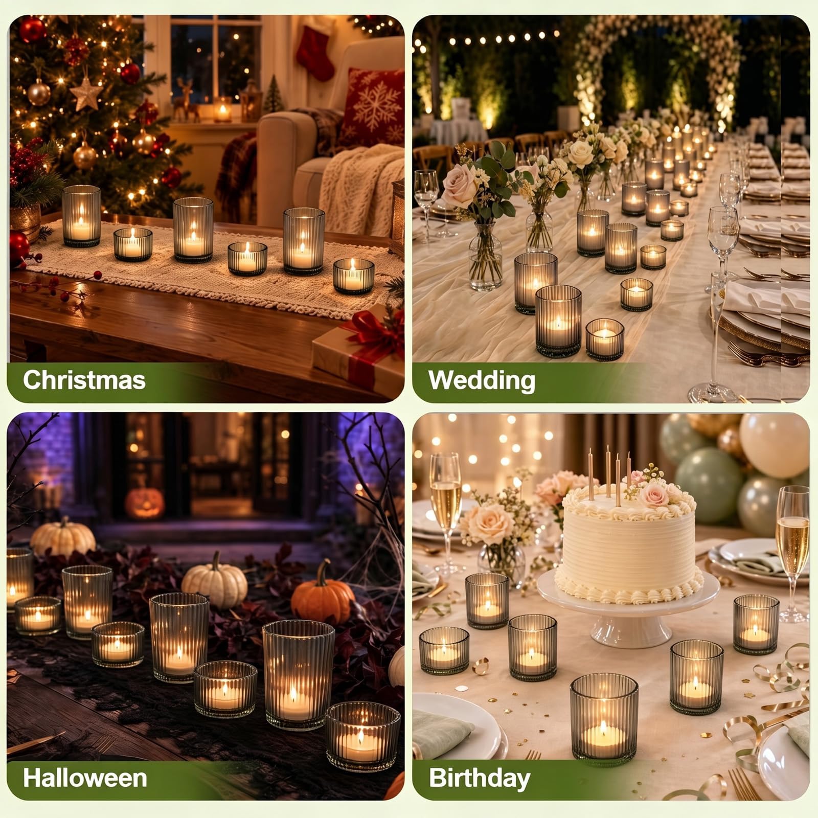 24 Stück Teelichthalter Glas 3,5 x 5,3cm/6,5 x 5,4cm Teelichthalter Grau | Gerippte Dickeres Höheres Hitzebeständig Winddicht für Hochzeiten Geburtstagsfeiern Weihnachten Ostern Halloween Tischdeko
