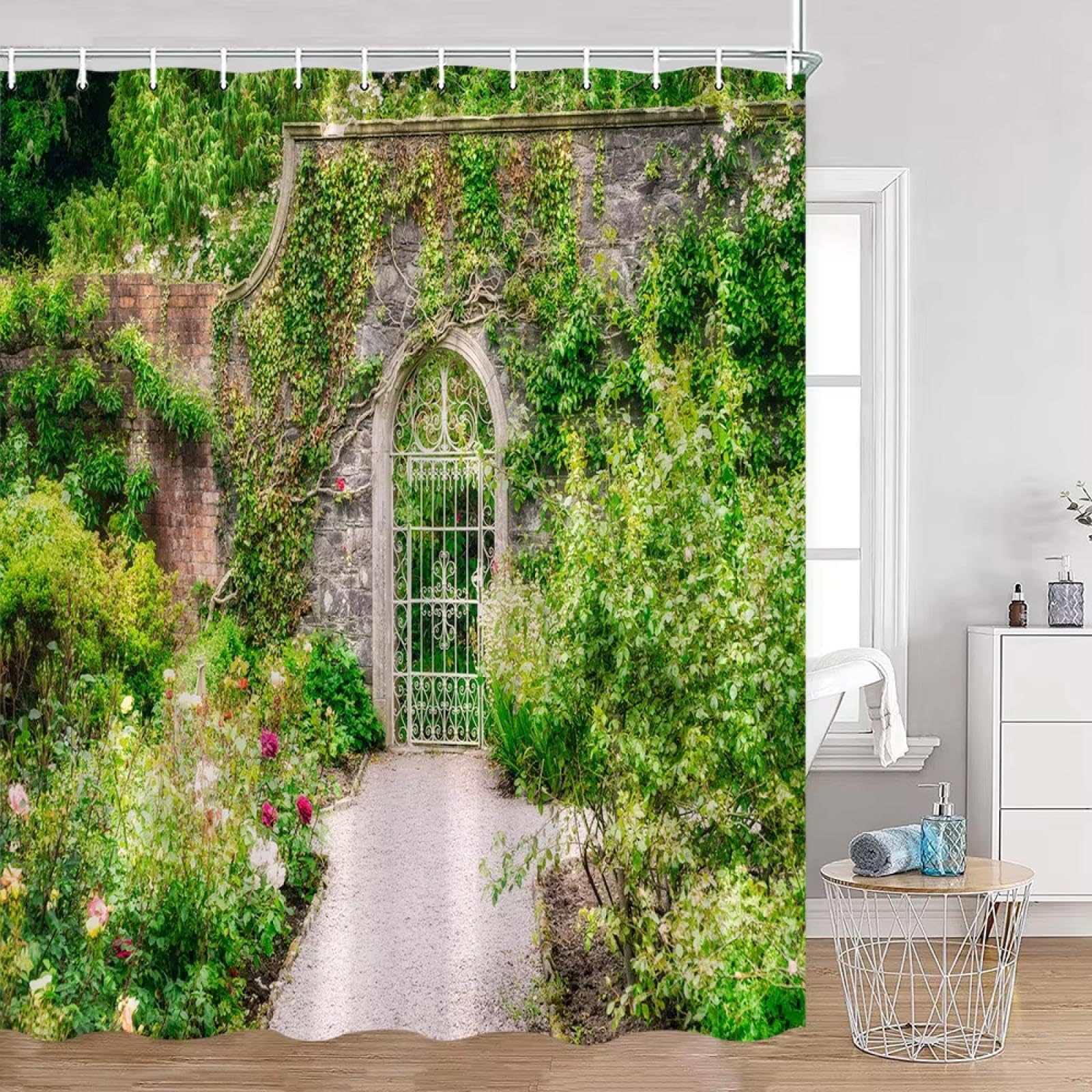 Rideau de douche vigne verte 75x185 pour petite salle de bain sombre