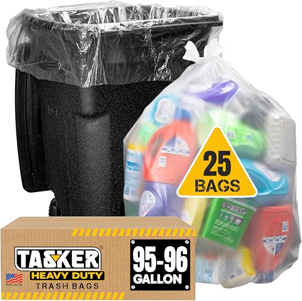 Tasker 95-100 Gallon Clear Trash Bags Heavy Duty | 25 Bags | Extra Large 96 Gallon Trash Bags Large Clear Can Liners, Large 90 Gal, 95 Gal, 96 Gal,100 Gallon Heavy Duty Trash Can Liners