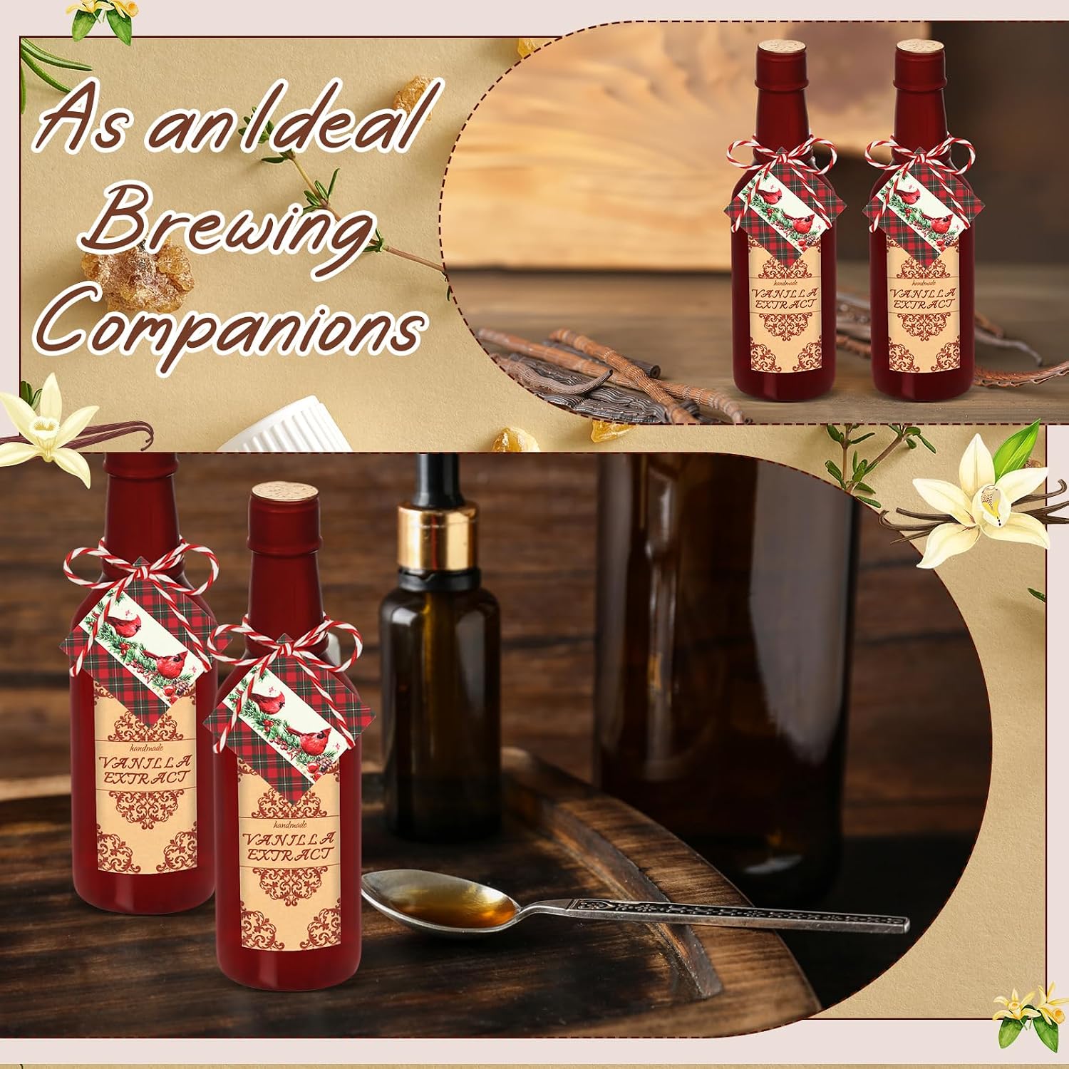 Tioncy 12 Set 8.5 oz Vanilla Extract Bottles for Homemade Gifts Glass Vanilla Jar Christmas Round Bottle for Syrup Gifts with Cap Shrink Band Hummingbird Tag Stickers Hot Sauce Spice Storage