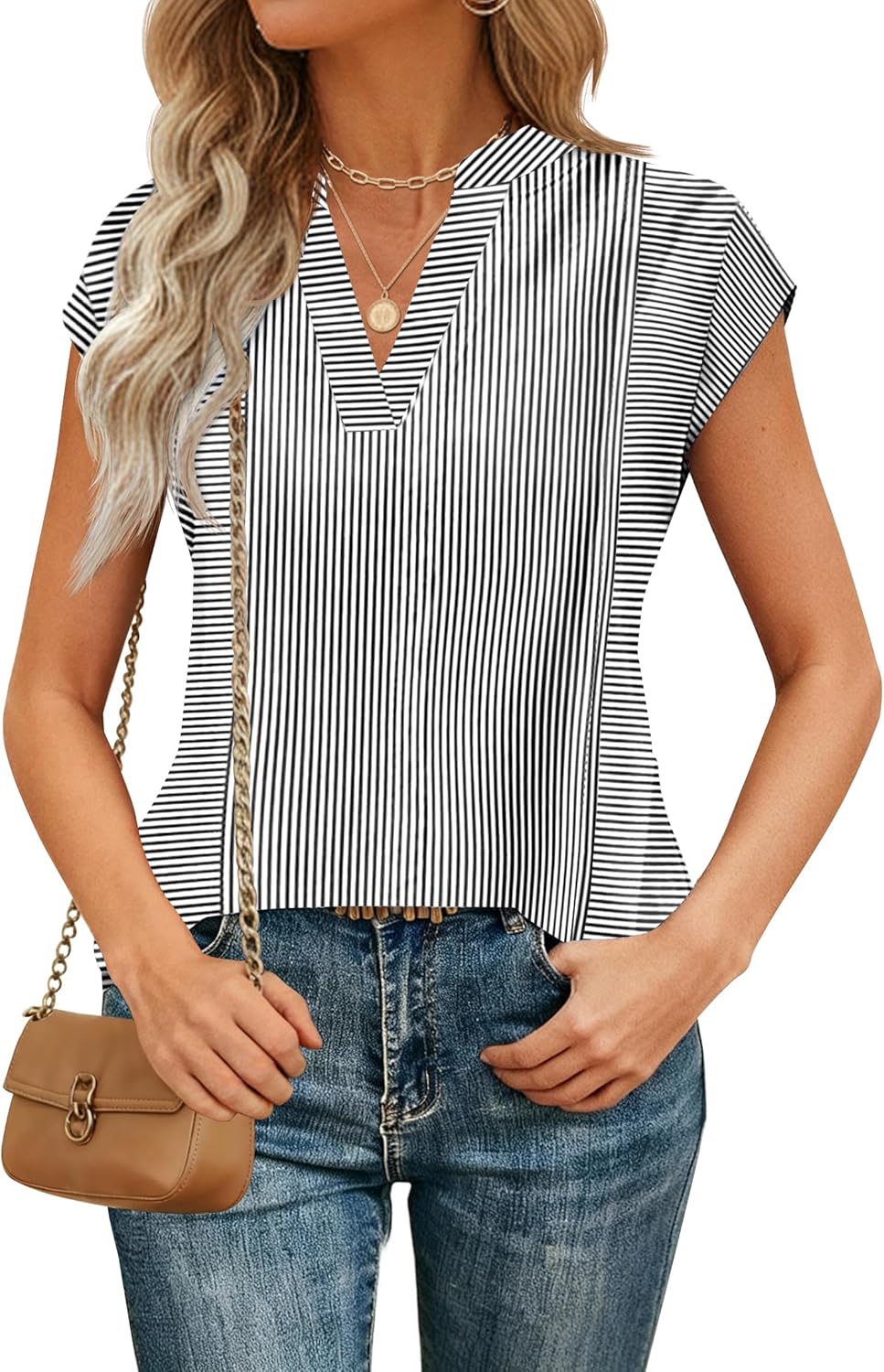 Womens Summer Tops Cap Sleeve V Neck Casual T Shirts Striped Print Trendy Blouses