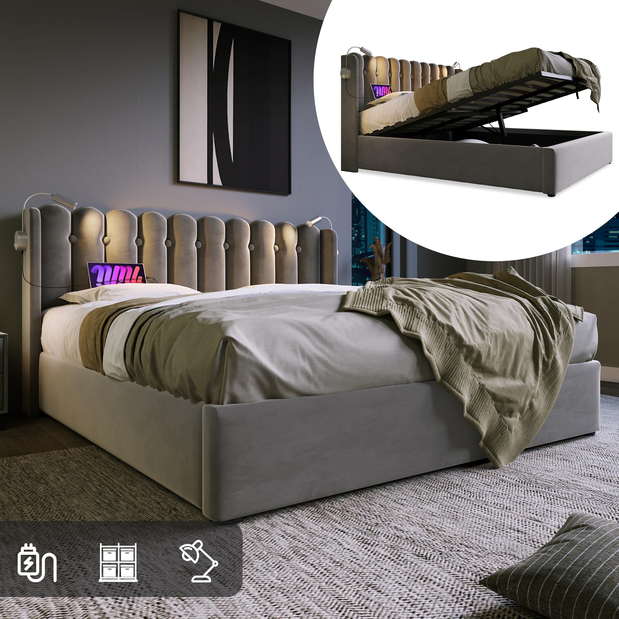 Letto Matrimoniale Imbottito 140x200 Cm Con Contenitore A Gas E Luci LED - Struttura In Ferro, Velluto Grigio, AB20293GNCJDM - 4
