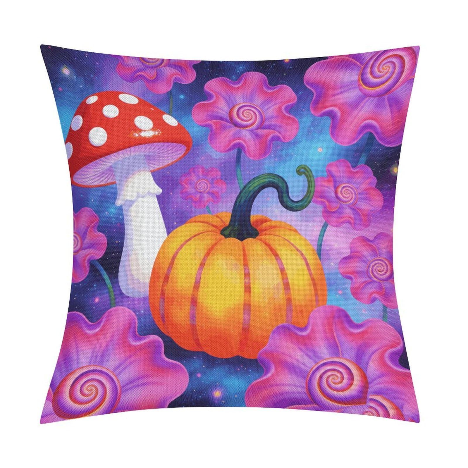 LZQPOEAS Groovy Flowers Mushroom Pumpkin Throw Pillow Covers, Waterproof Faux Linen Pillow Cases with Invisible Zipper, Decorative Square Cushion Covers for Sofa Couch Living Room Bedroom 18x18 Inch