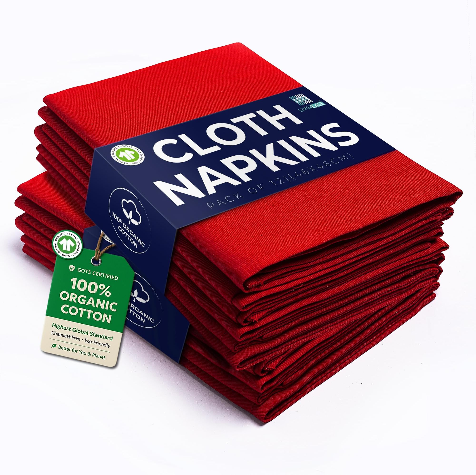 Cotton Cloth Napkins - Pack of 12 Red Table Napkins - 100% Cotton Reusable Large Fabric Napkins 46 x 46 cm for Christmas Table (Red)