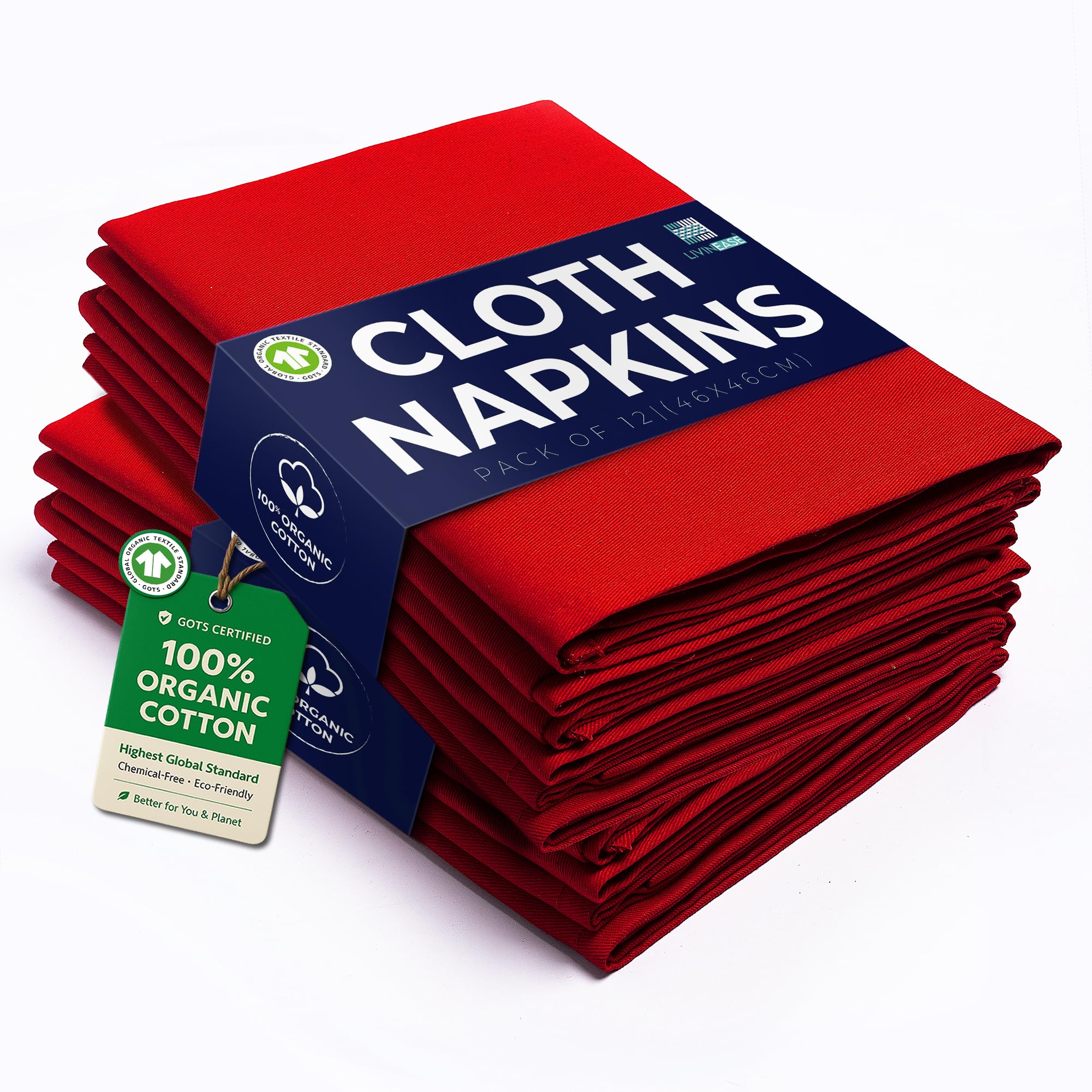 LivinEase Cotton Cloth Napkins Set of 12-100% Cotton 46 x 46 cm Reusable Christmas Red Dinner Napkins - Heavy Weight Hotel Quality Pure Fabric - Ideal for Xmas Dinner & Events (Red)