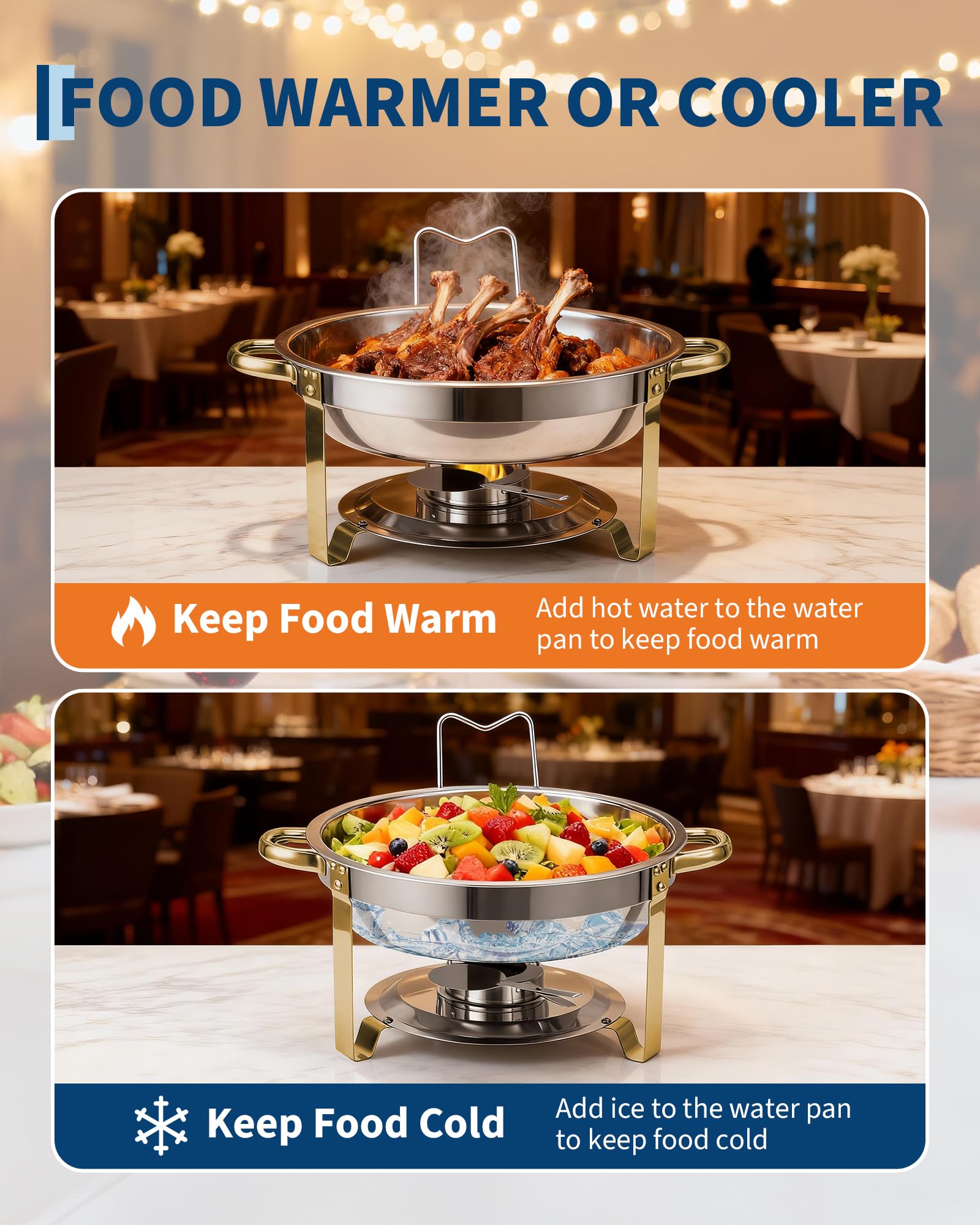 Set di 4 Chafing Dish Rotondi in Acciaio Inox 5/6QT - Coperchio in Vetro Visibile - Perfetti per Buffet, Catering, Feste - Bordo Dorato - Set Quattropezzi Pezzi Gold Edge