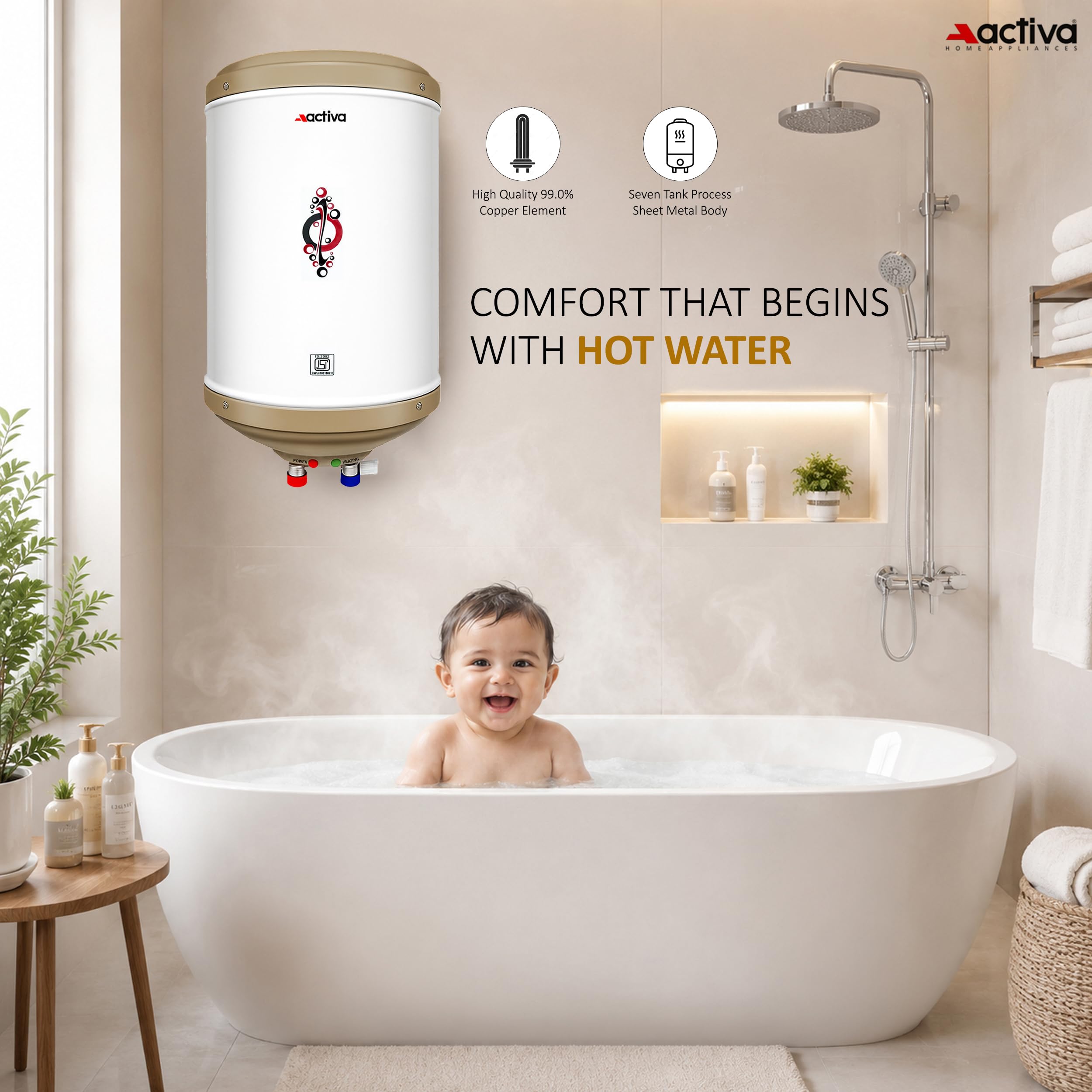 ACTIVA 10L Storage Water Heater Geyser | 3kW ISI Copper Heating Element | BEE 5 Star Rated | 0.8mm Anti-Rust Coated Tank | ABS Body | Fast Heating | 5 Year Warranty | Ivory 2