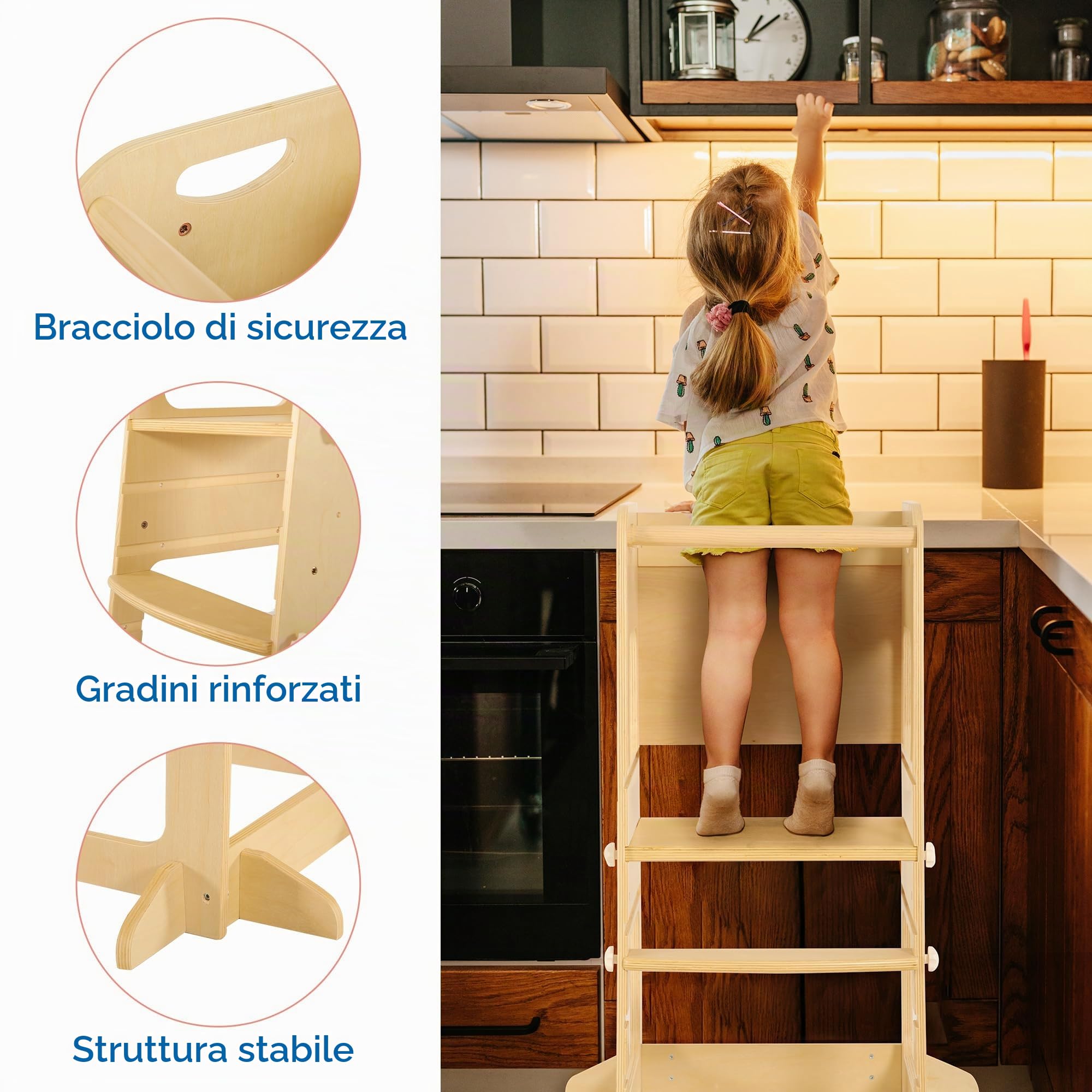 Bateso Torre Montessoriana in legno regolabile per bambini 1–3 anni, con reti staccabili, piedini di supporto e tappetini antiscivolo – Sgabello da cucina per cameretta