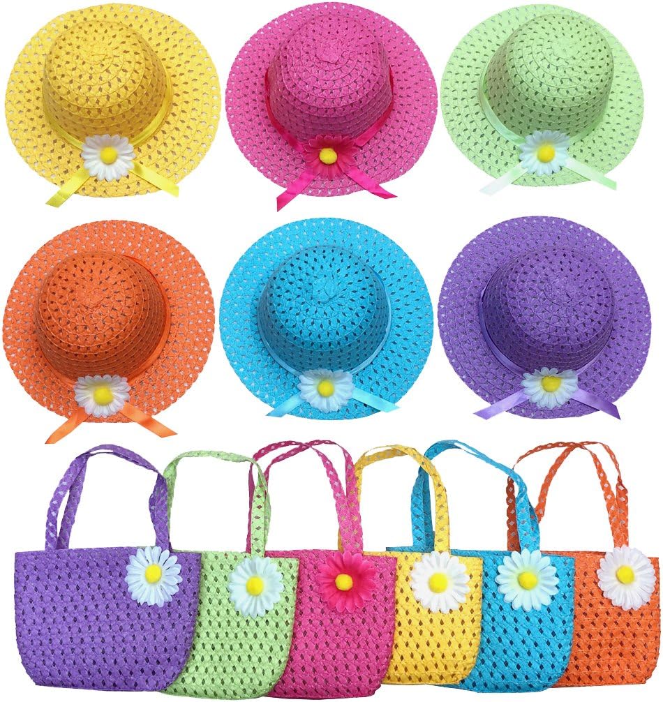 Girls Tea Party Hats and Purse for Kids Child Babe Little Playtime Birthdays Easter Party Supplies Accessories, Includes 6 Purses and 6 Daisy Flower Sunhats（Blue, Rose, Red, Yellow, Purple, Pink）