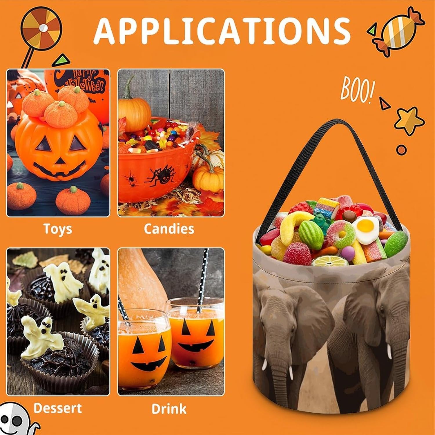 Reusable Wild Animals Elephants Halloween Candy Bucket with Handle image 3