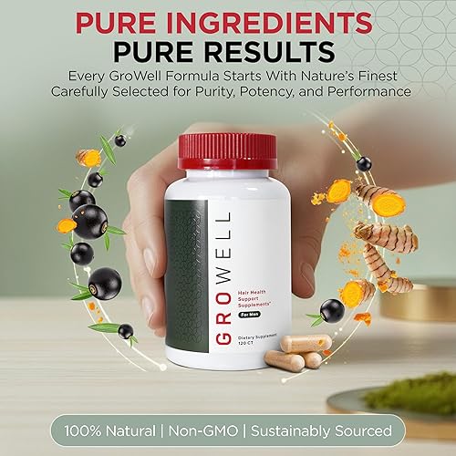 Miniatura 7 de GroWell Suplementos para el crecimiento del cabello para hombres Clínicamente probados para una cobertura visiblemente más gruesa del cabello y el