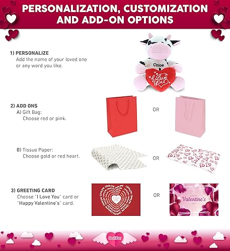 Miniatura 2 de DolliBu Peluche de vaca rosa con texto en inglés "I Love You" de San Valentín, peluche de vaca esponjosa con corazón rojo y nombre, regalo