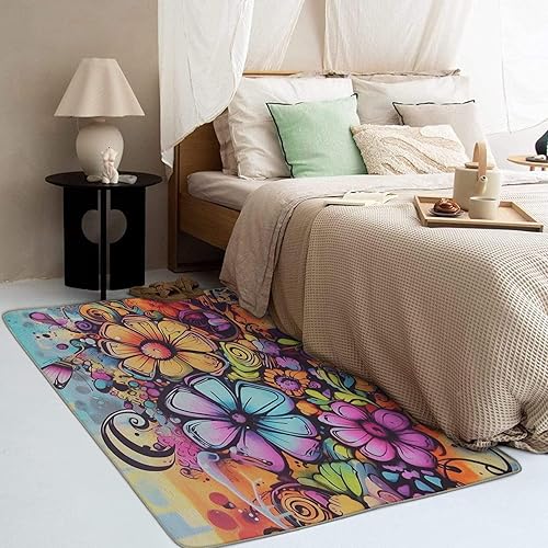 Miniatura 2 de Alfombras de graffiti para entrada, dormitorio, sala de estar, alfombras de área de flores coloridas de 3 x 4, lavables, antideslizantes, suaves, de