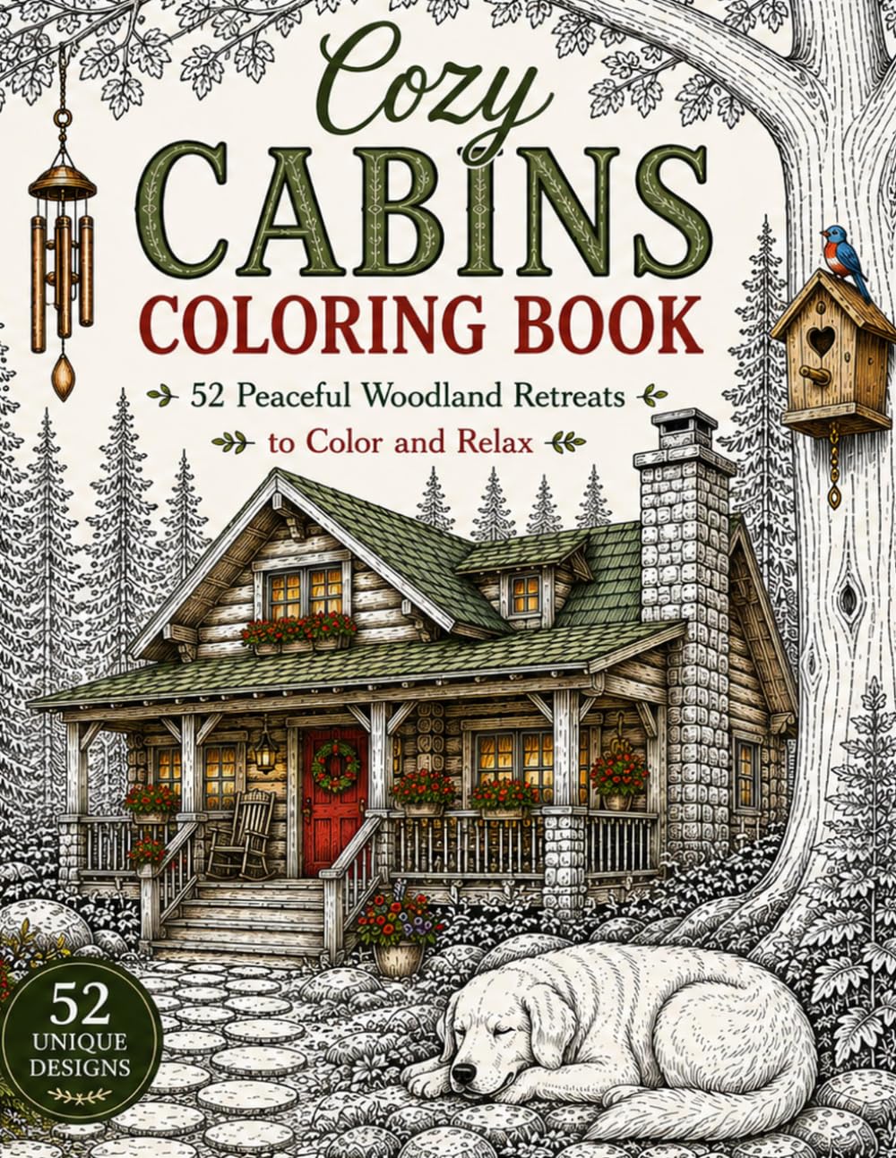 Cozy Cabins Coloring Book: 52 Peaceful Woodland Retreats to Color and Relax