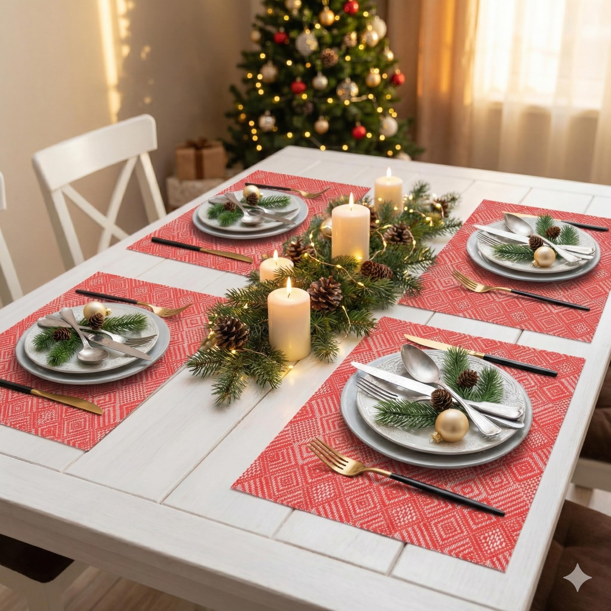 YELONA Placemats Set of 4, Heat-Resistant Woven Vinyl Table Mats, Non-Slip & Washable Dining Tablemats for Kitchen & Dinner Decor, Red & White (45cm x 30cm)