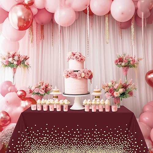 Miniatura 7 de 256 piezas de suministros de fiesta burdeos y dorados, platos de papel, servilletas, vasos, manteles desechables de punto dorado, tenedores,