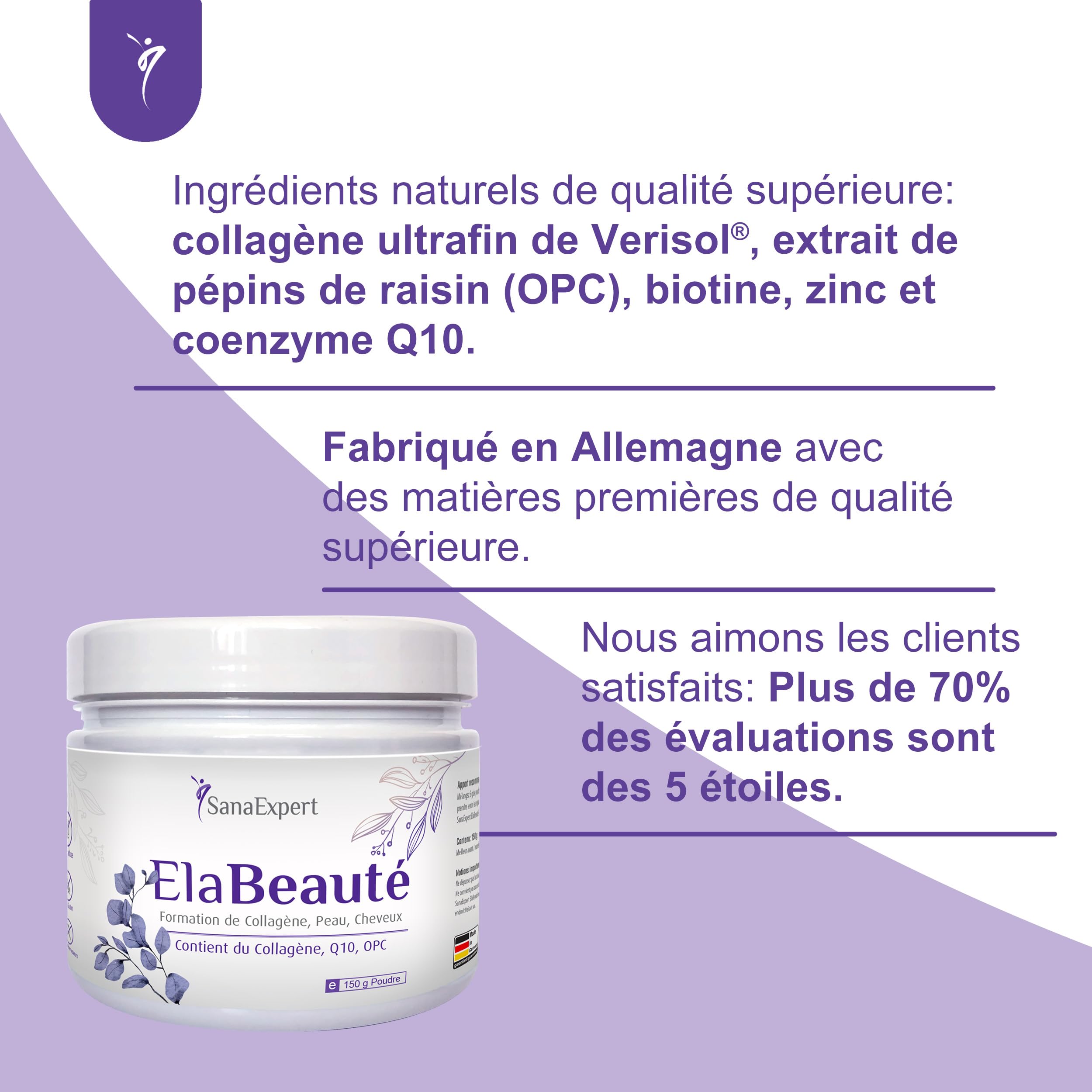 SanaExpert ElaBeauté | Collagène pour la Beauté de la Peau avec Q10, OPC, Biotine, Zinc et Vitamines | 150 Grammes | Ingrédients 100% Naturels | Fabriqué en Allemagne